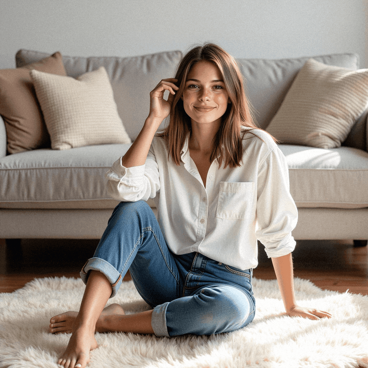 Woman sitting on rug in modern living room