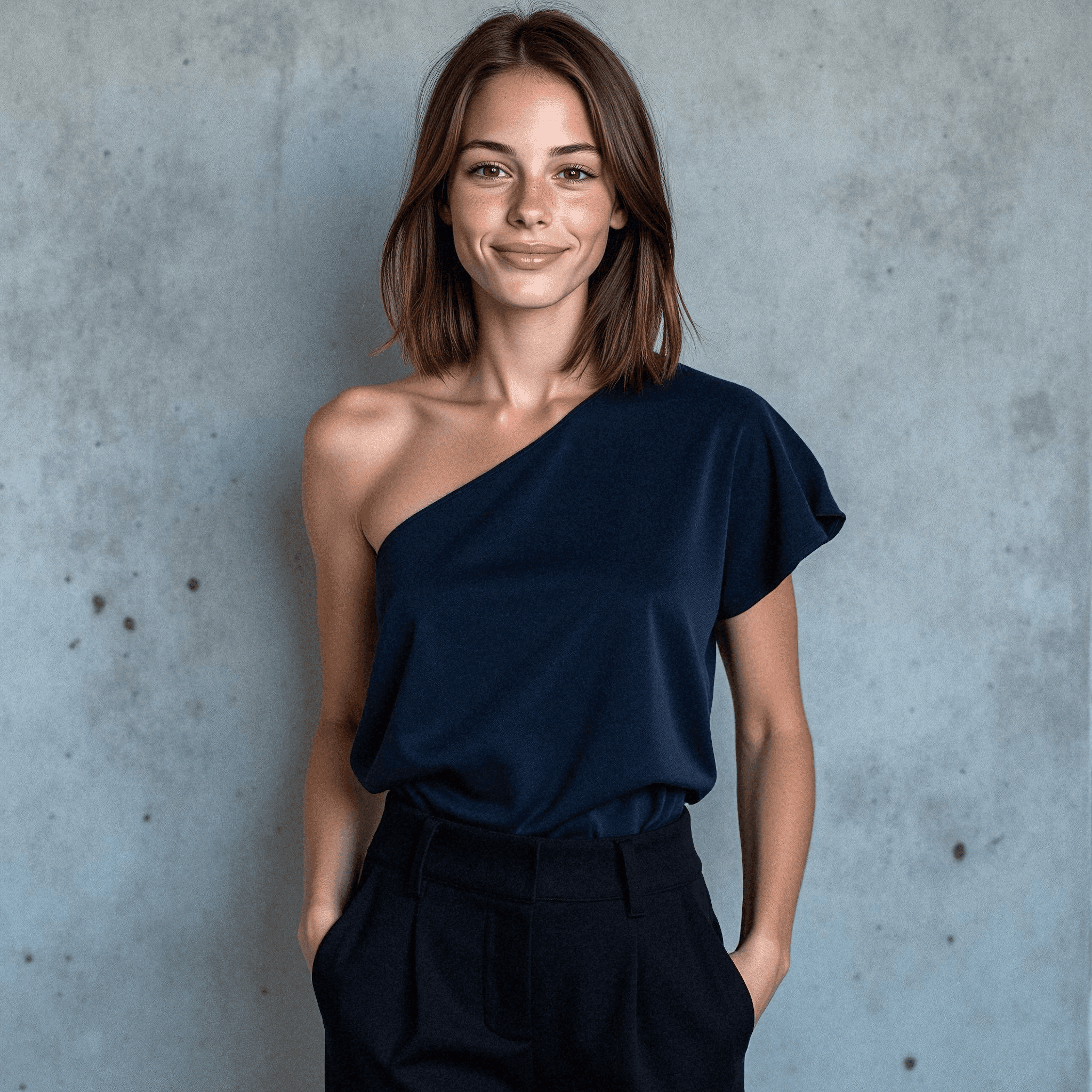 Woman in Navy Top with Asymmetrical Neckline