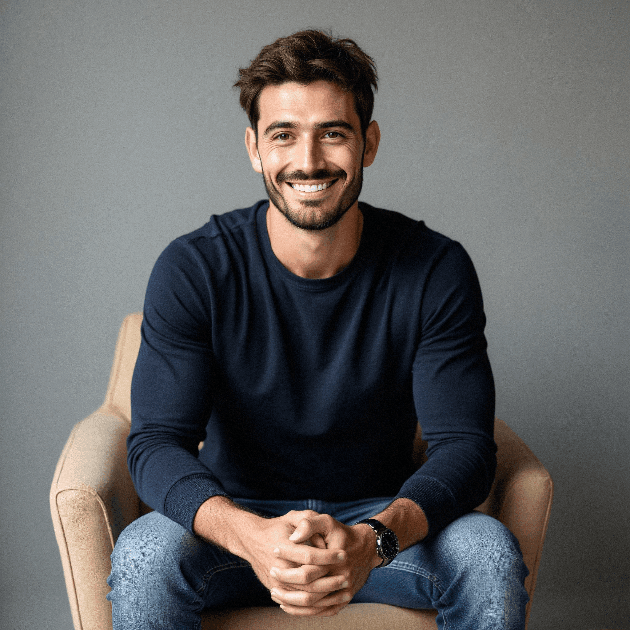 Casual man smiling in navy sweater and jeans