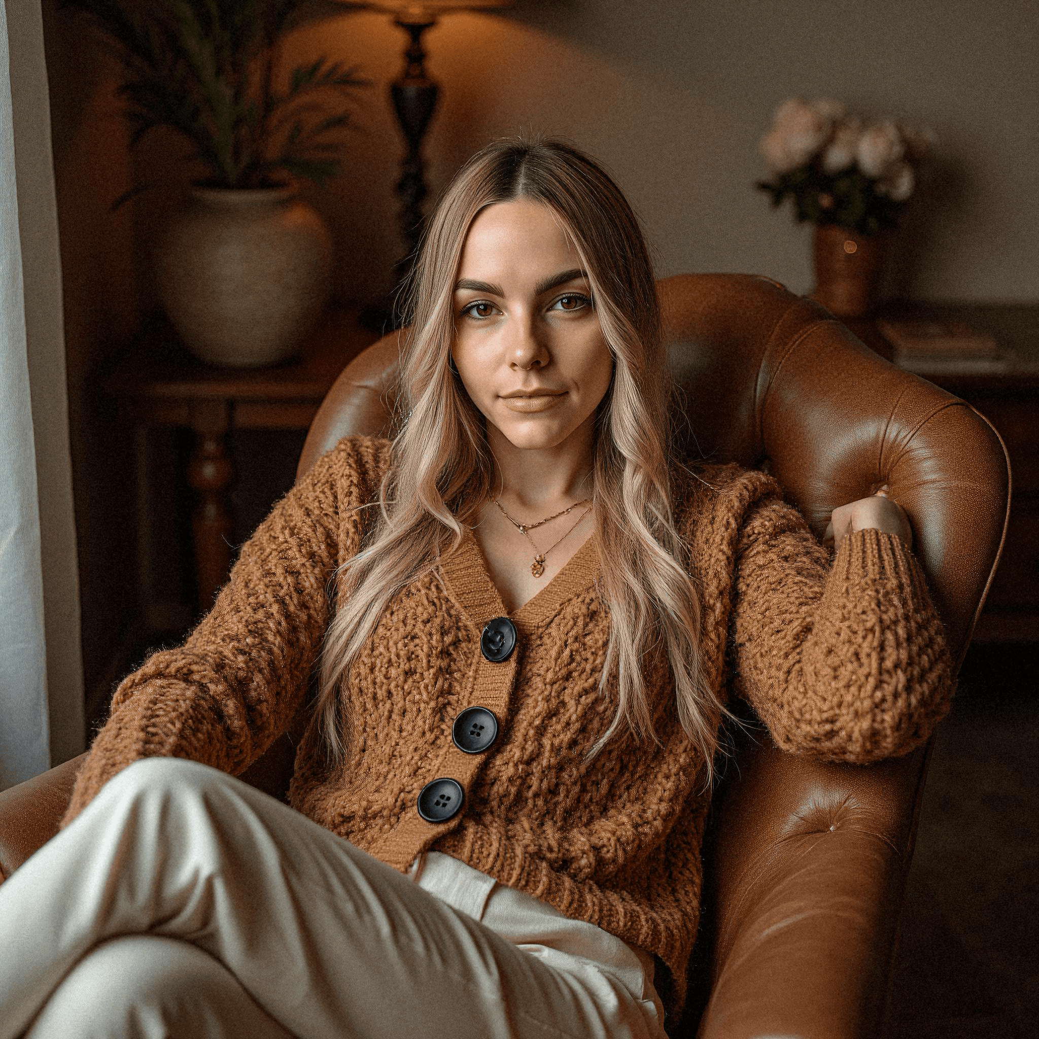 Woman in Cozy Brown Cardigan Relaxing