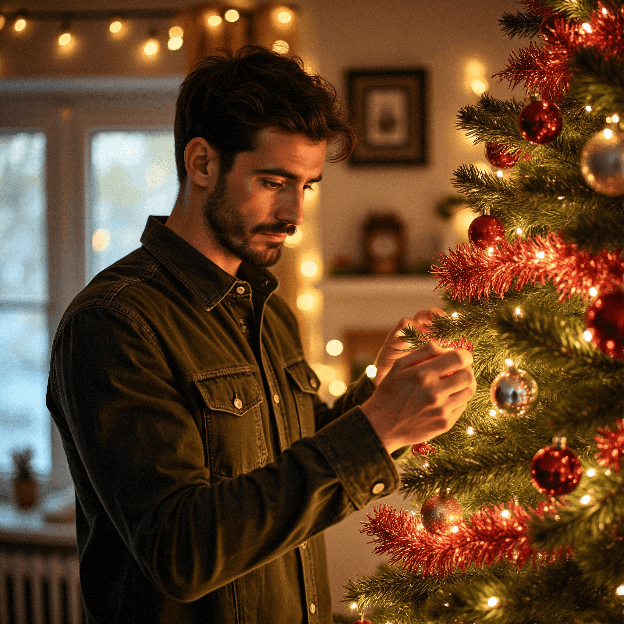 Man decorating Christmas tree at home