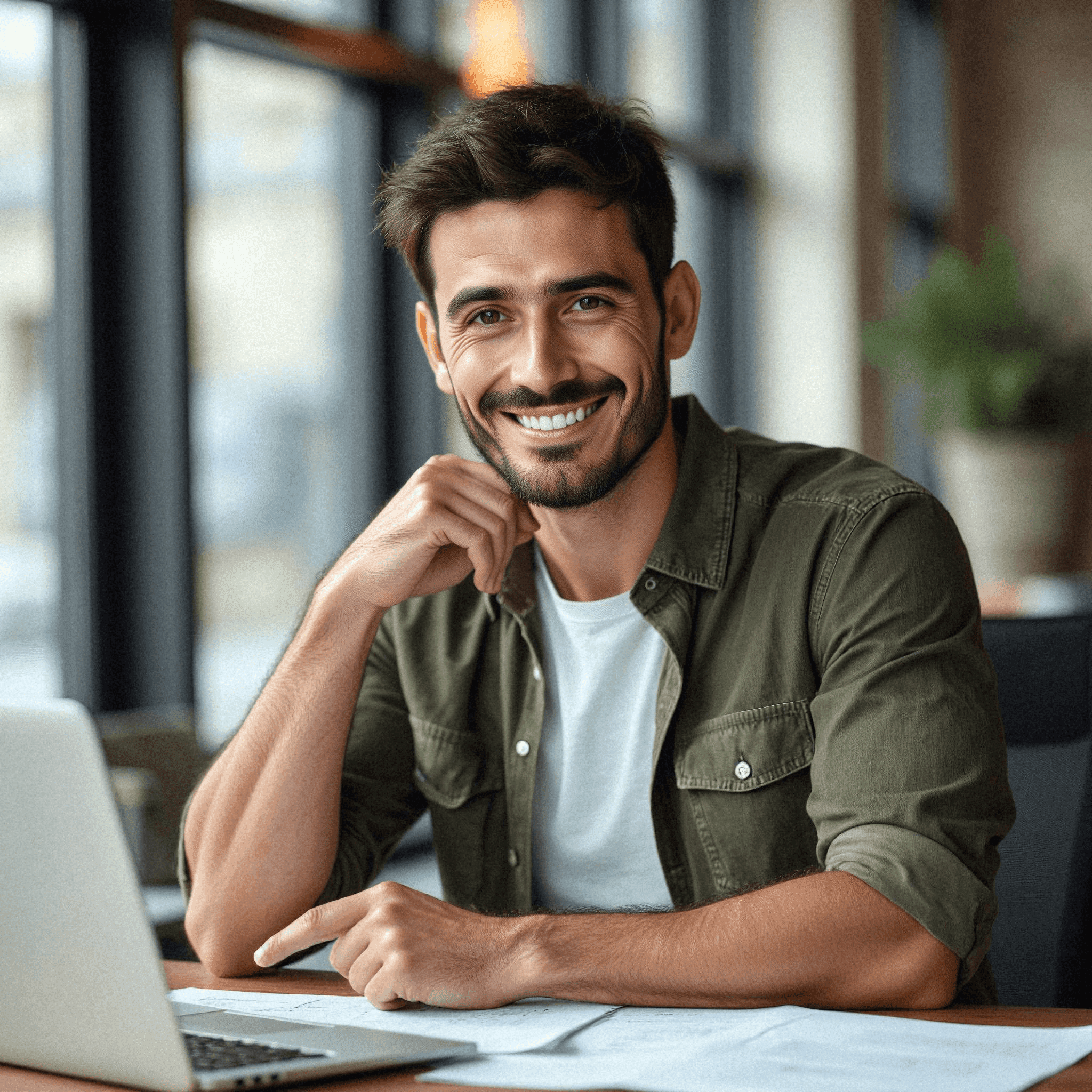 A smiling man at modern office desk