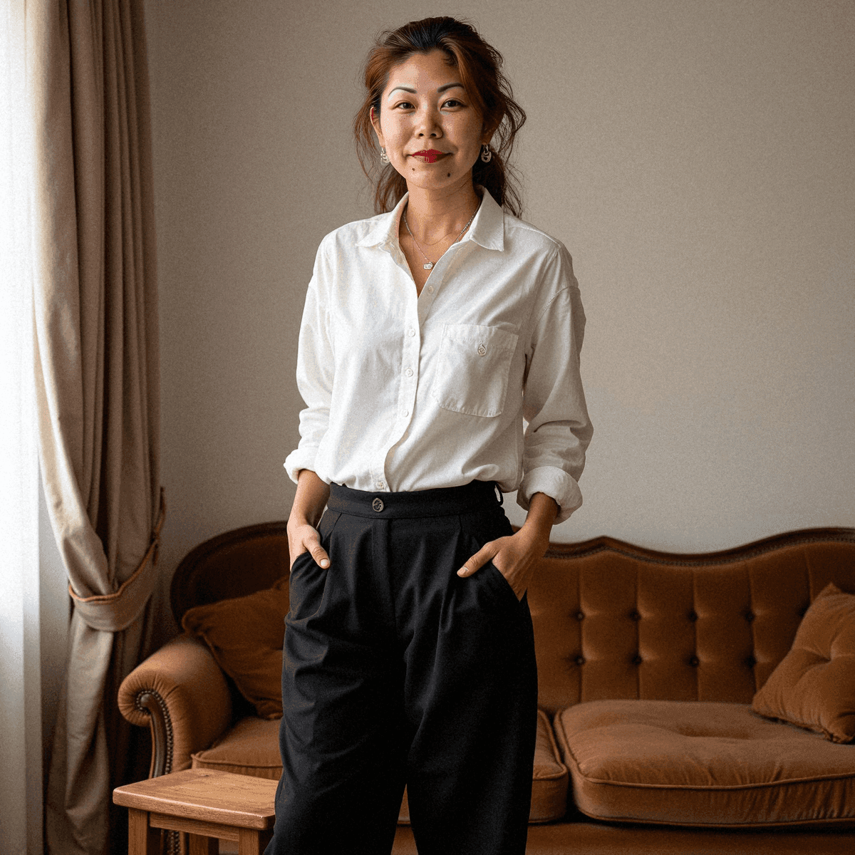 Woman in white shirt and black trousers