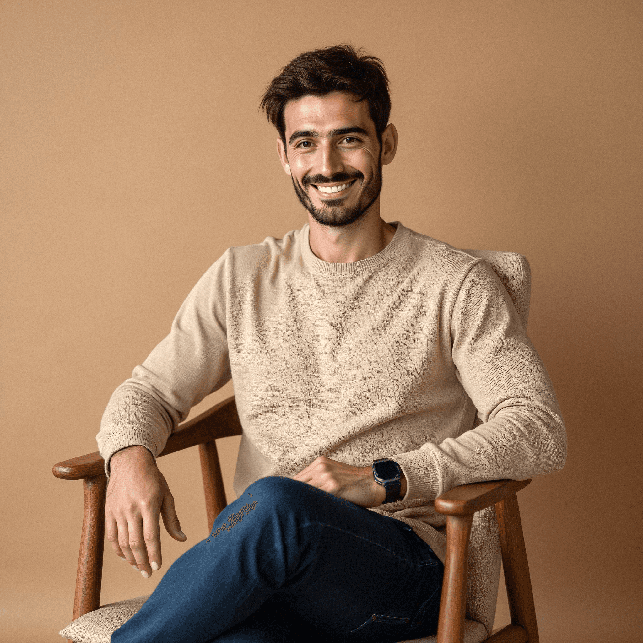 Man in Beige Sweater on Wooden Chair