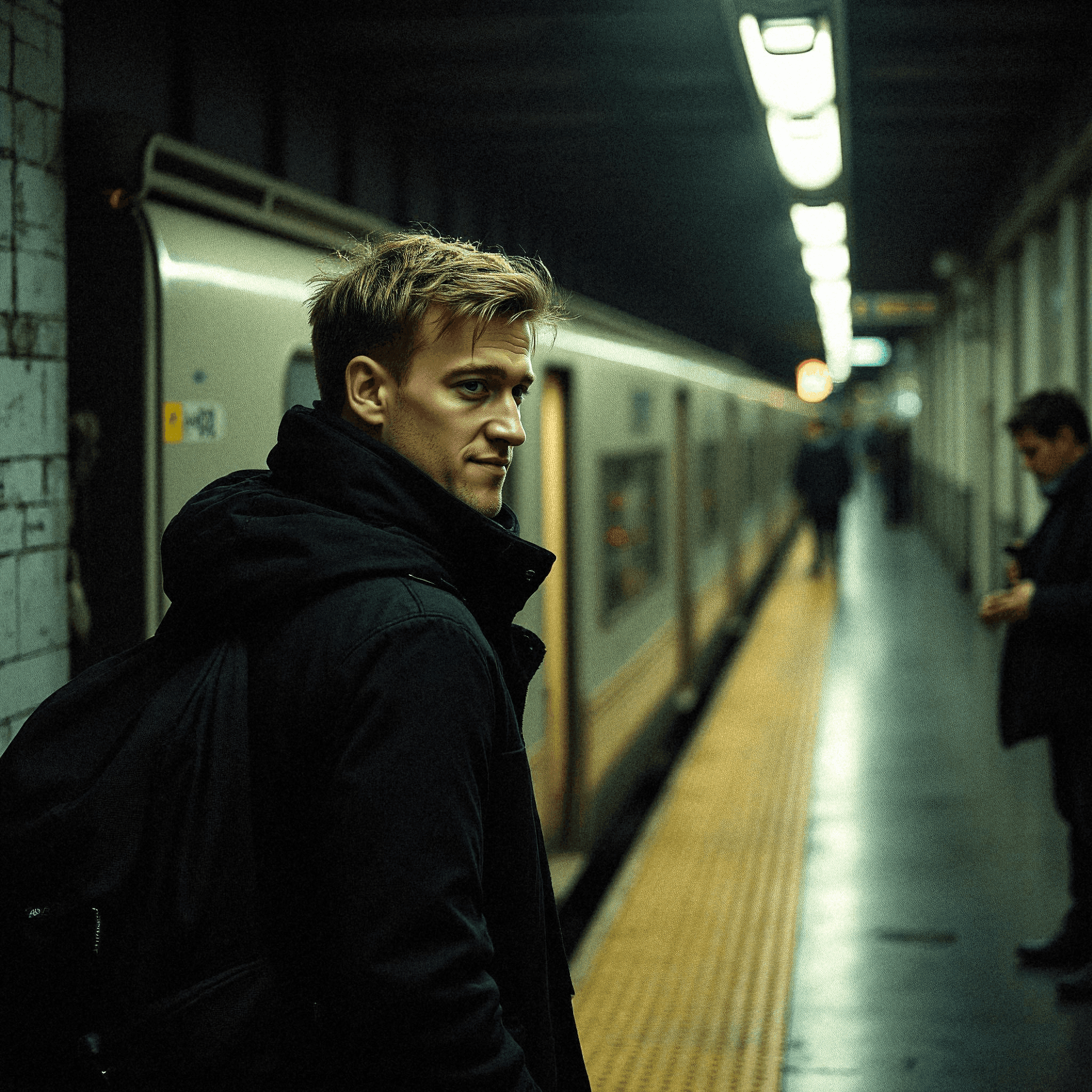 Man waiting on a dim train platform