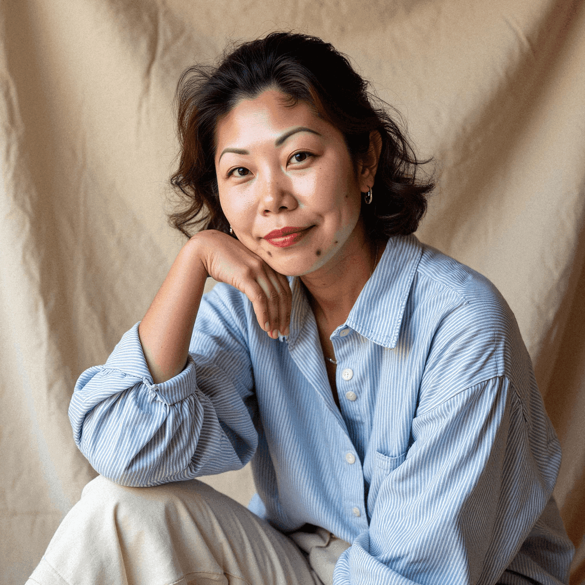 Woman in striped shirt with casual poise