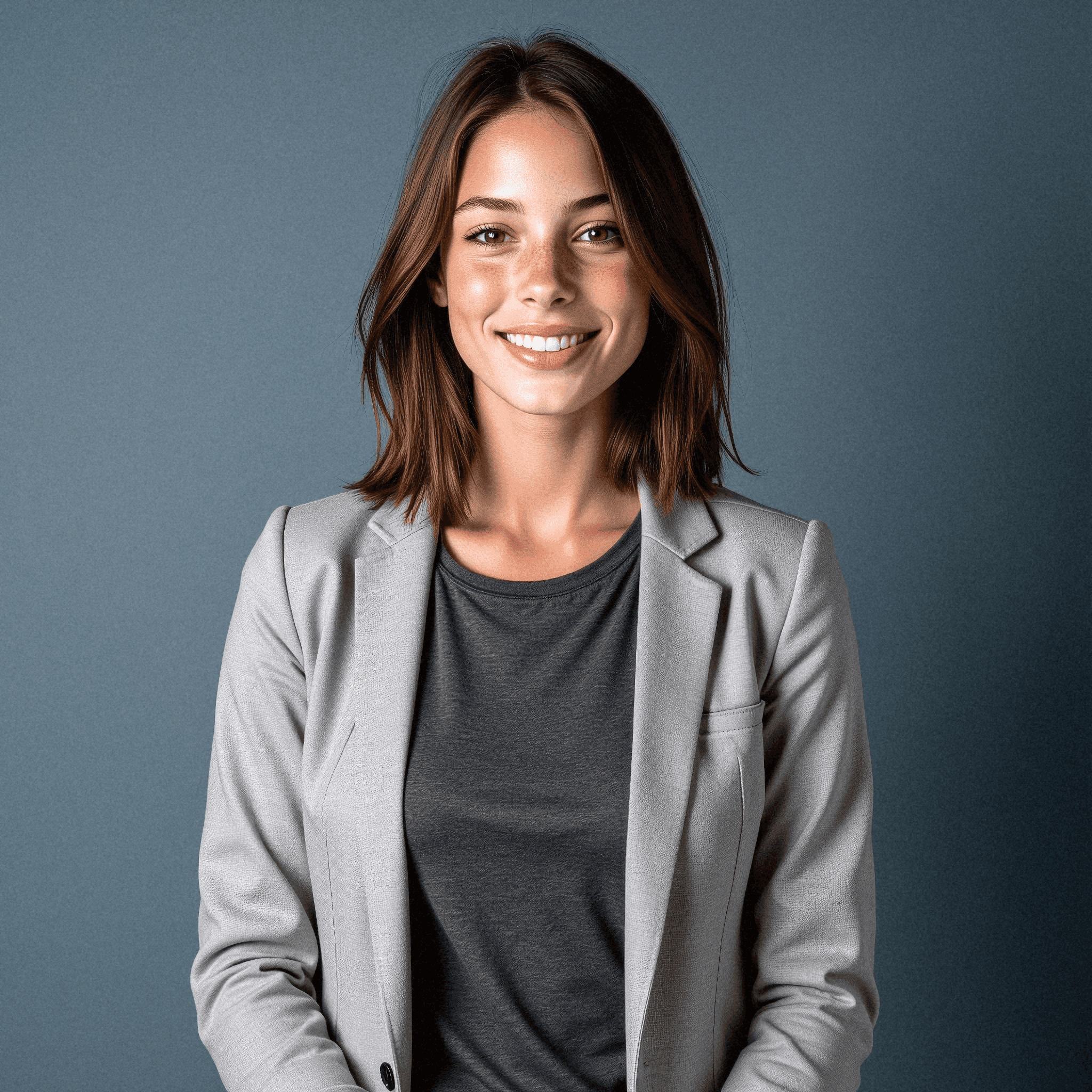 Smiling woman in gray blazer