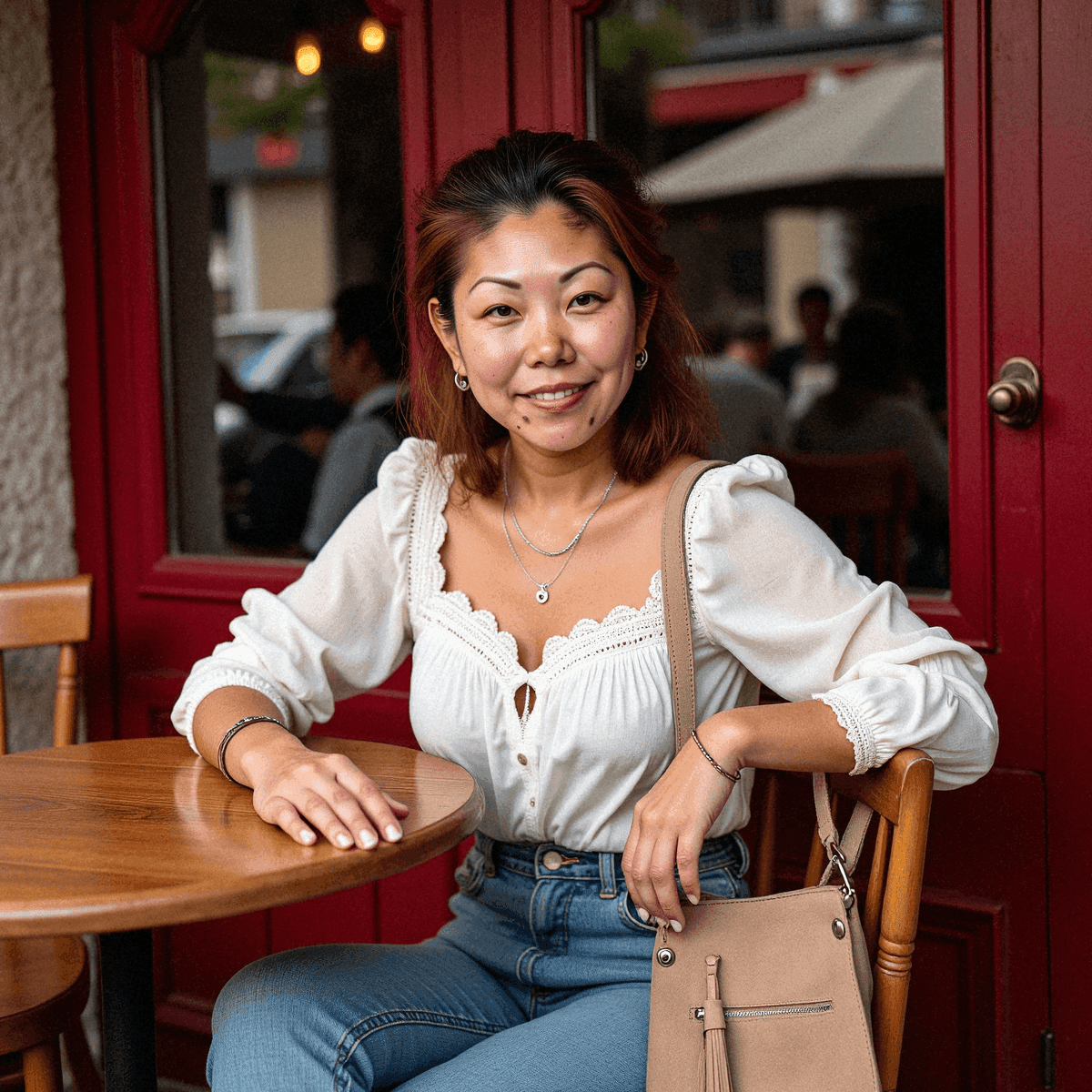 Relaxed woman sitting in Parisian café