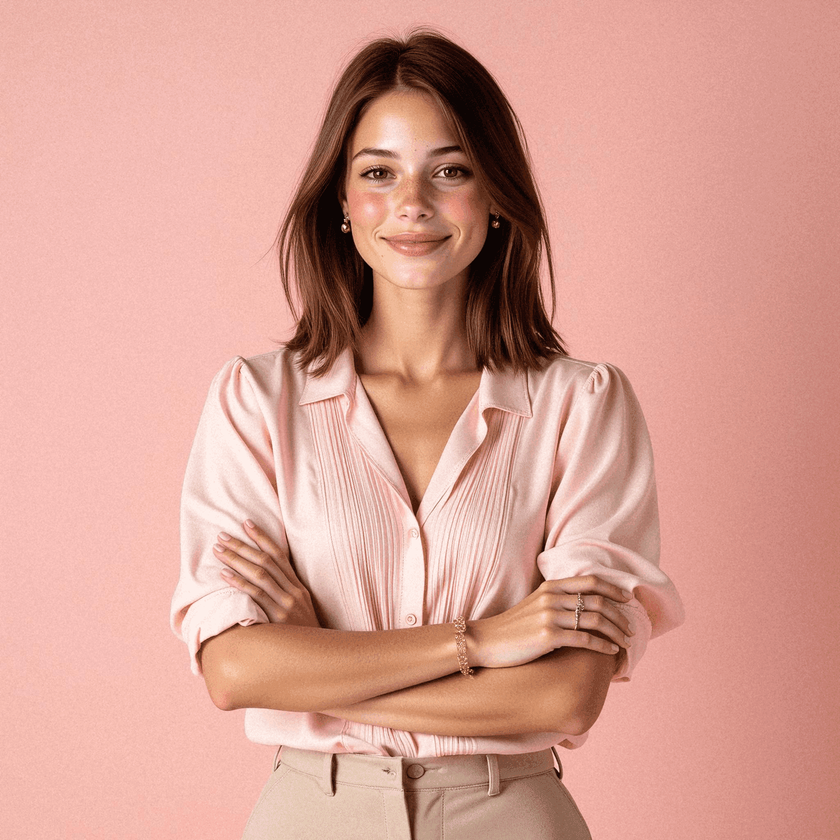 Woman in Pink Blouse and Beige Trousers