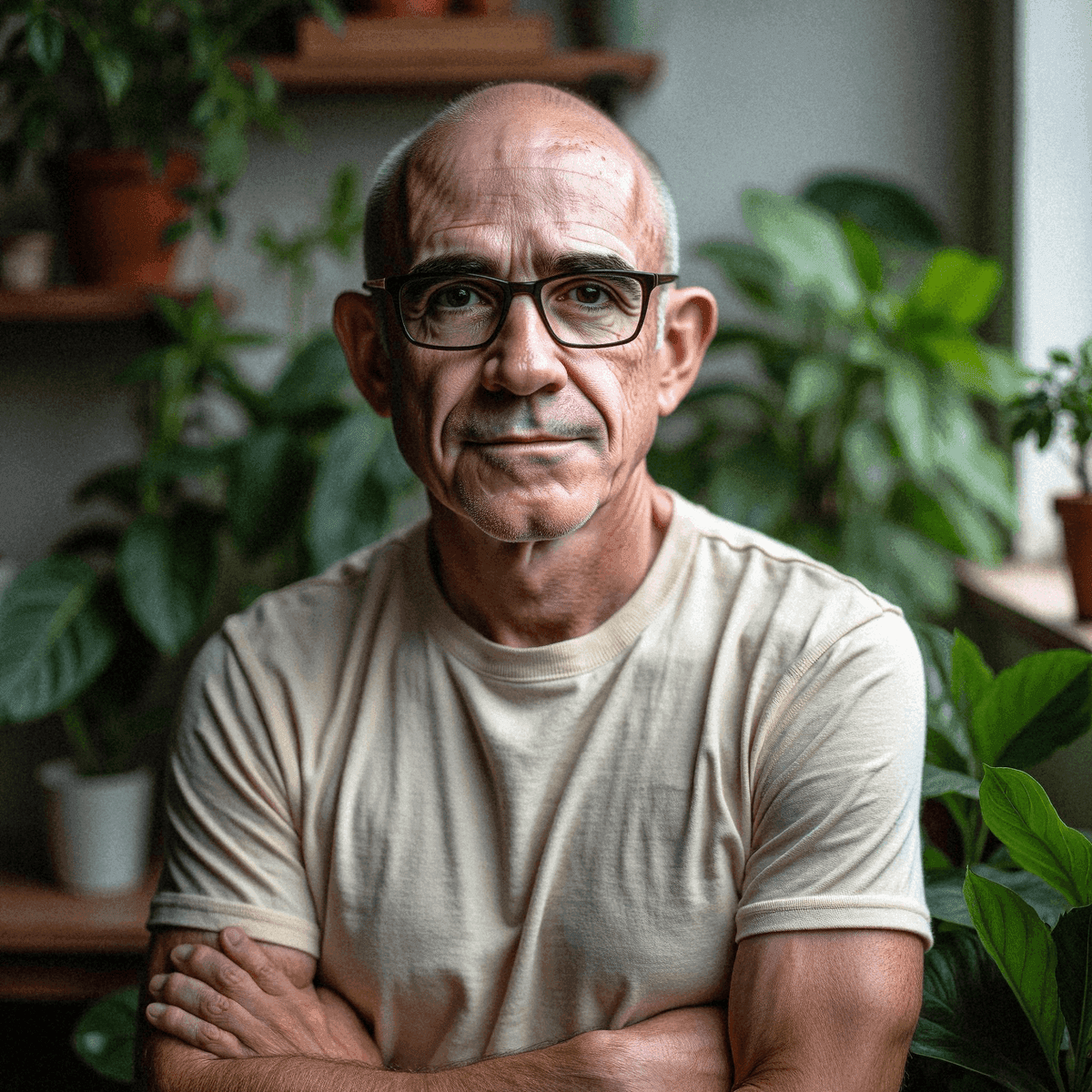 Bald man in cozy office with plants