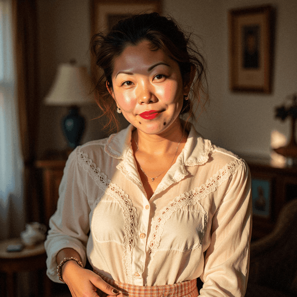 Woman in vintage lace blouse posing calmly