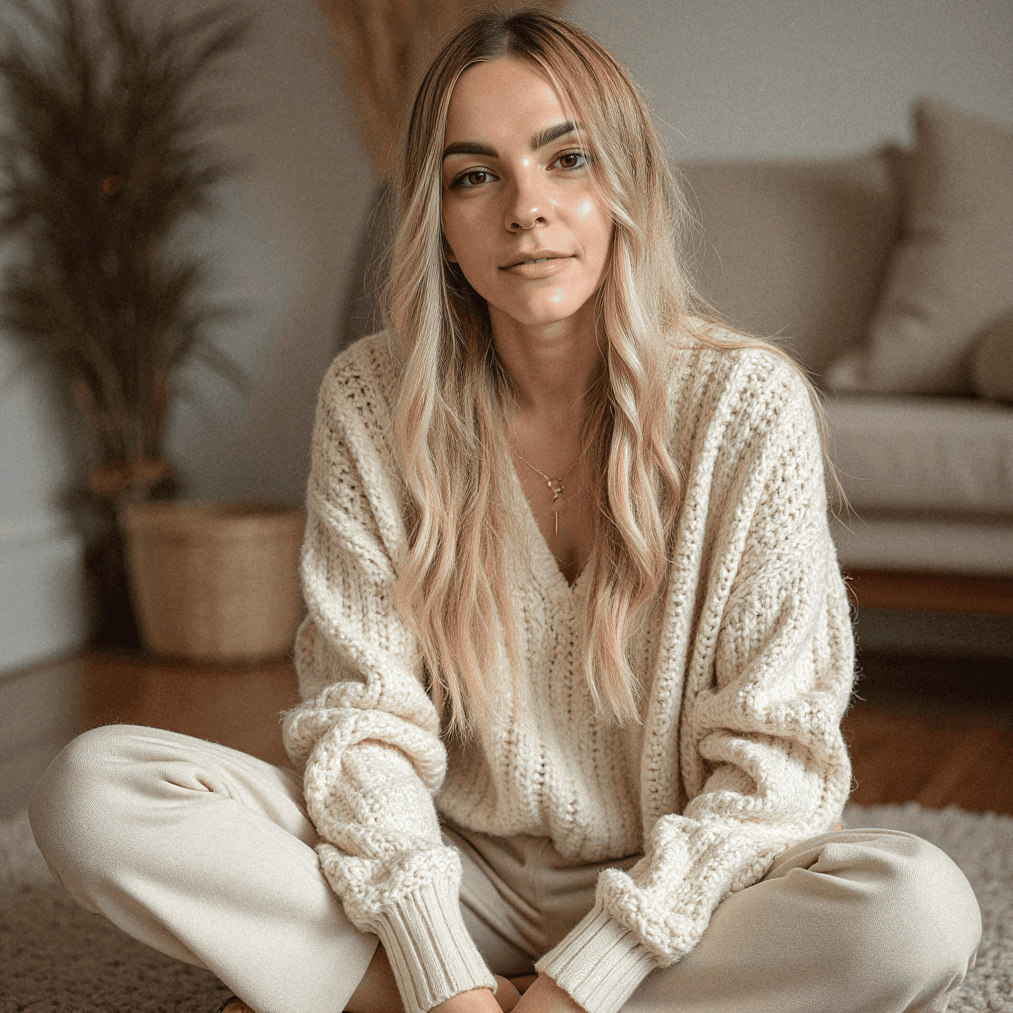 Woman in Knitwear Sitting Comfortably at Home