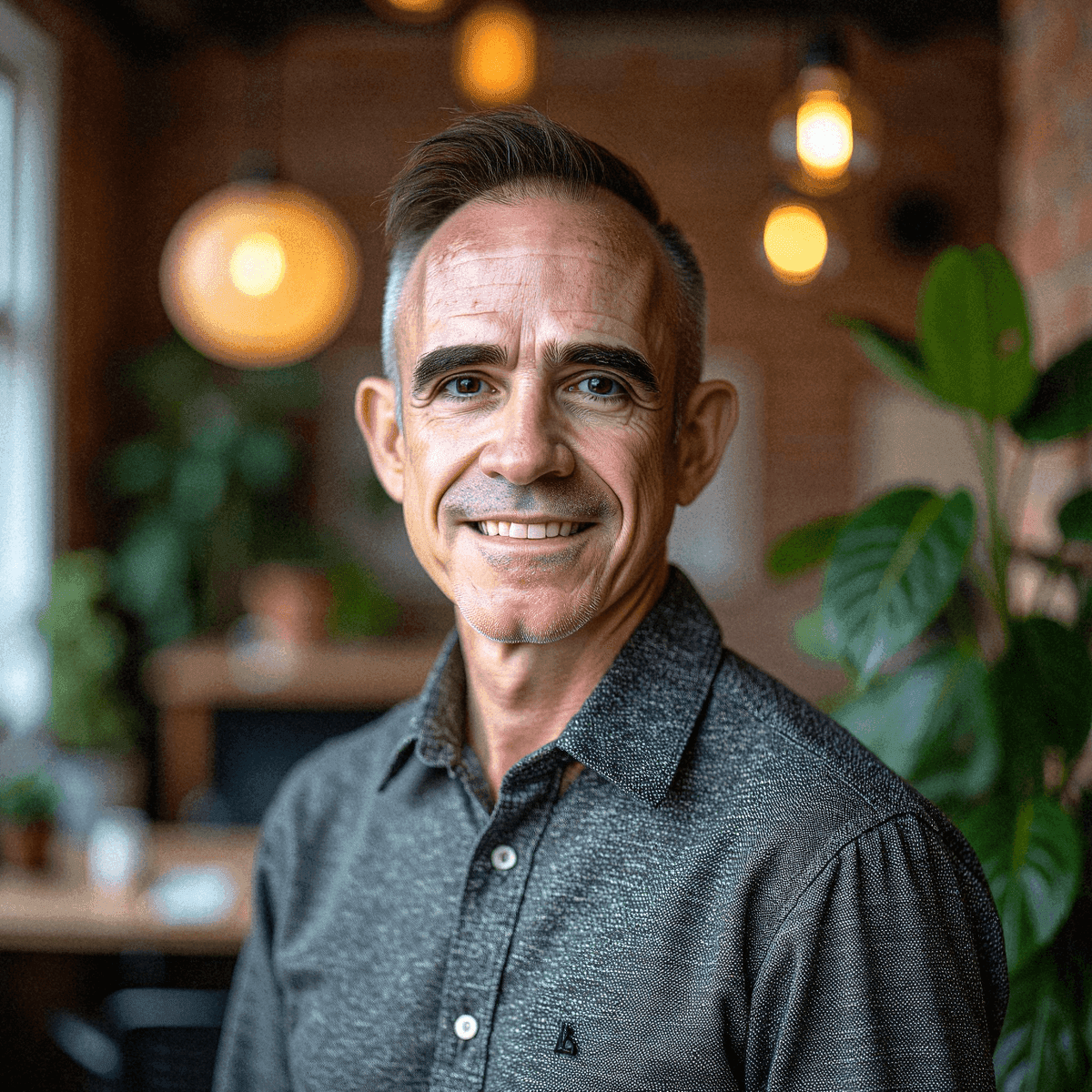 Smiling man in cozy coworking space