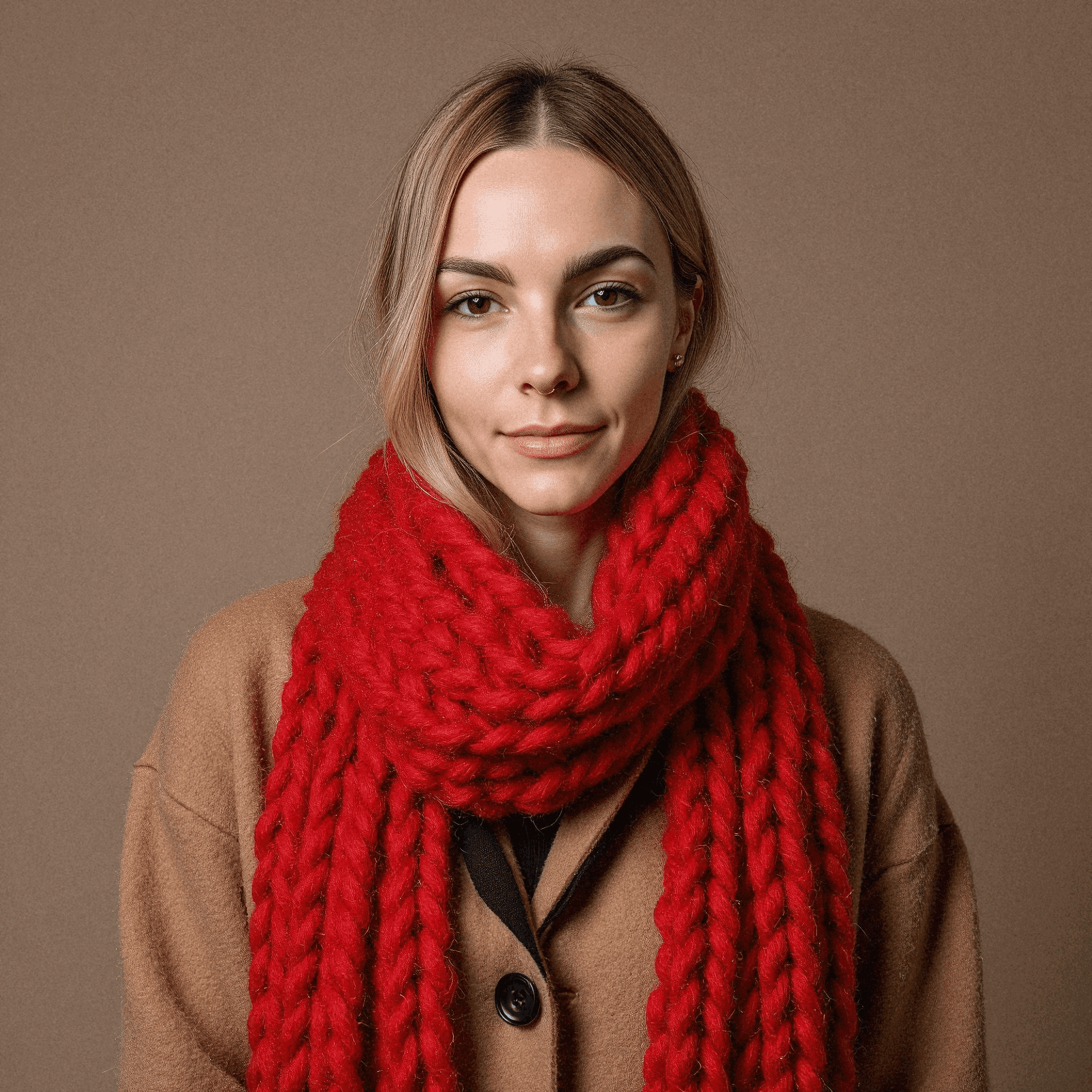 Woman in Red Knit Scarf and Brown Cardigan