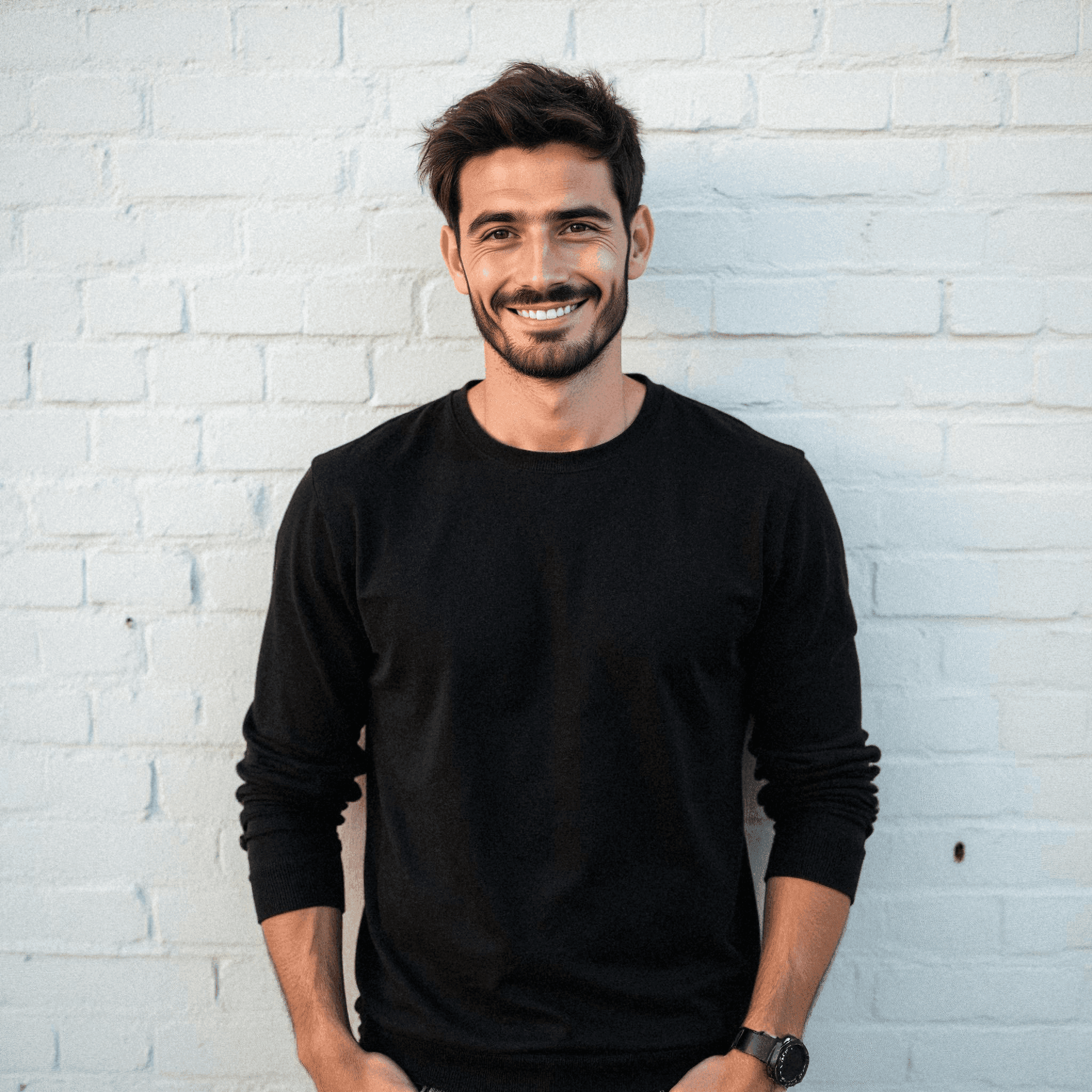 Smiling man in black sweater against brick wall