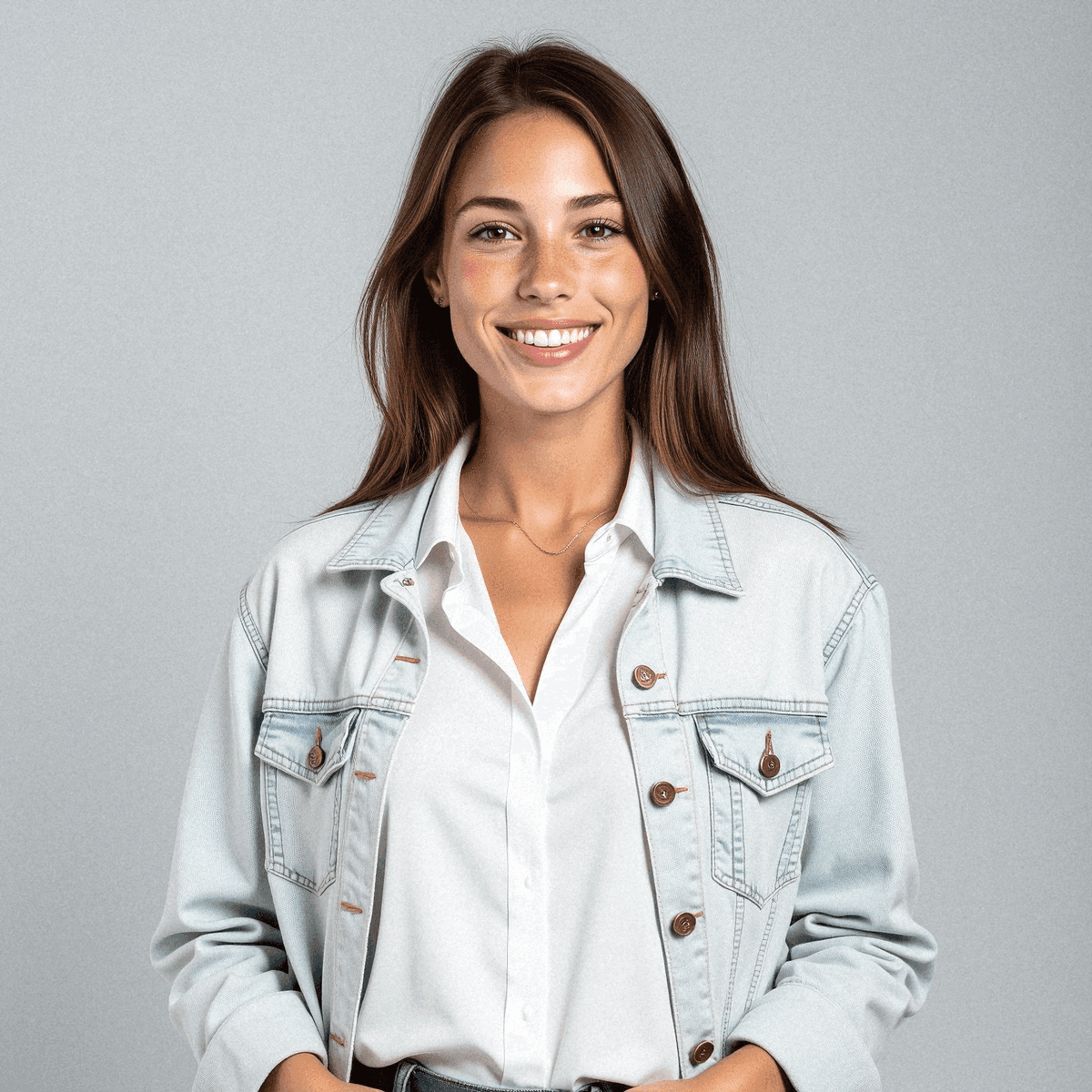 Woman in denim jacket smiling confidently