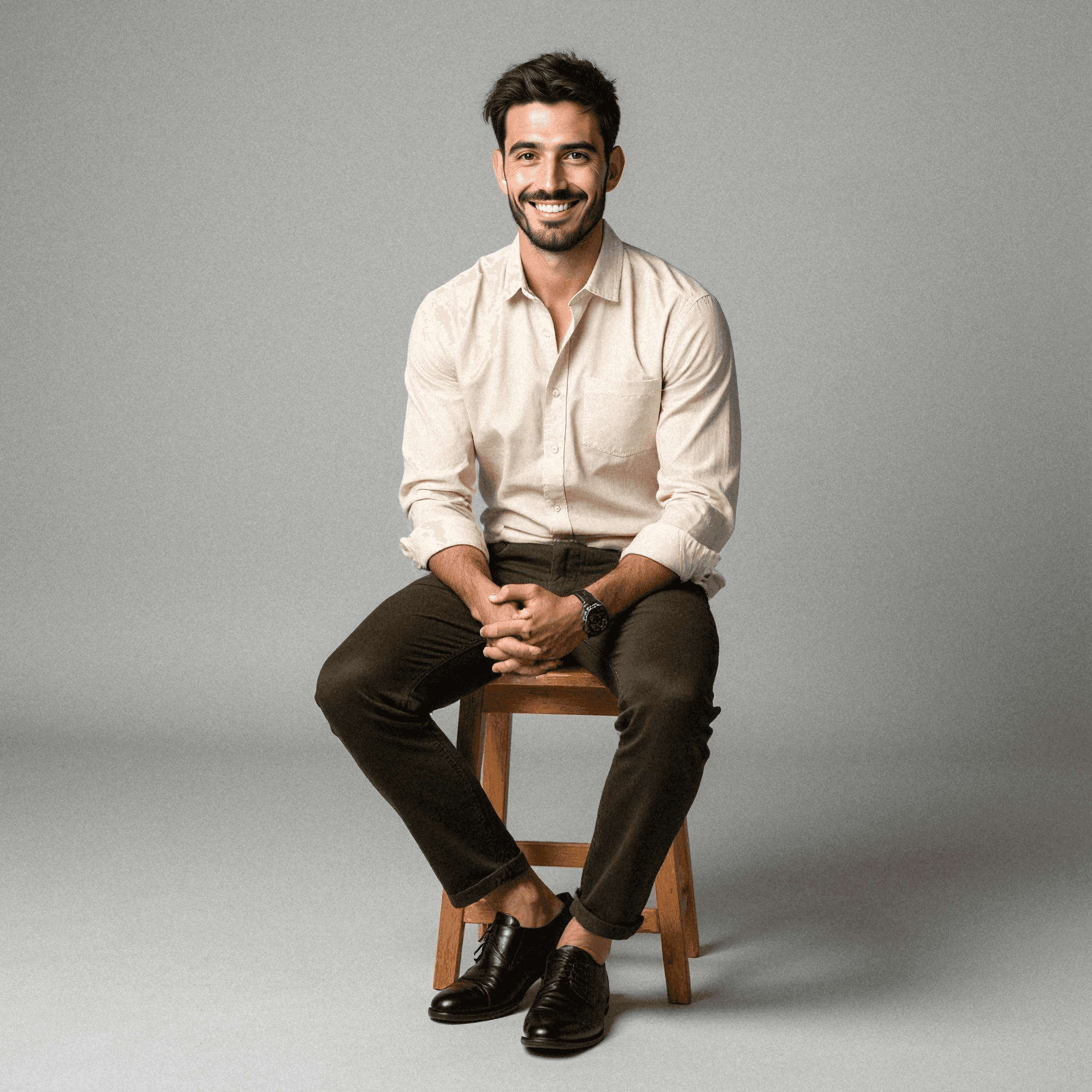Casual man seated on wooden stool