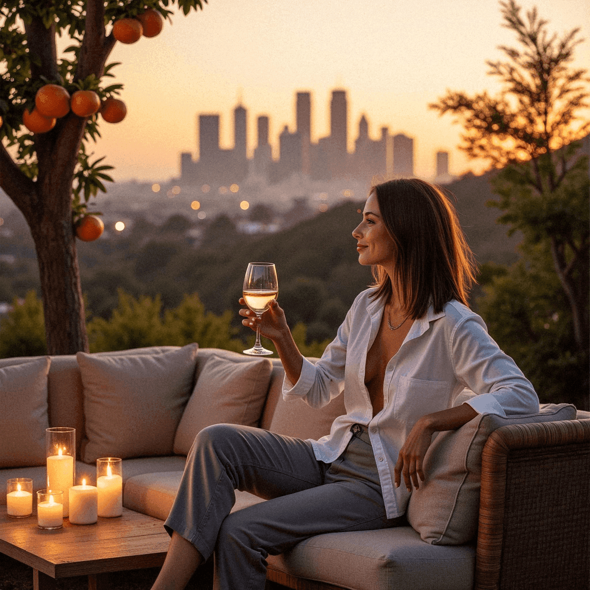Woman Relaxing with Wine at Sunset