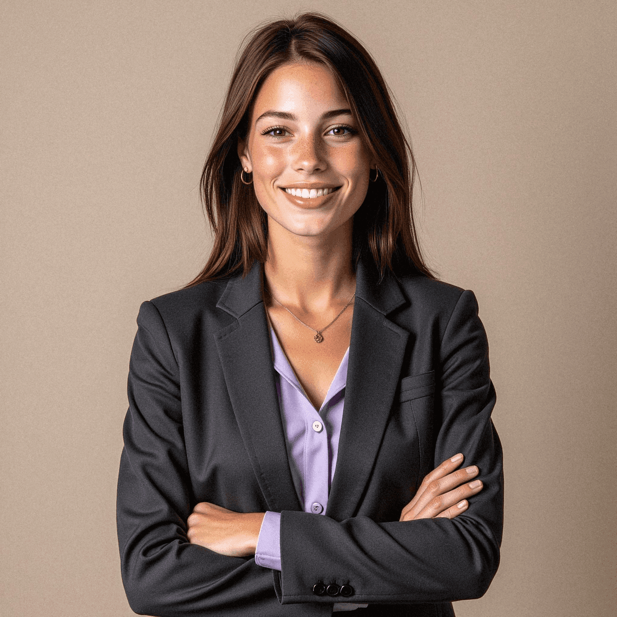 Smiling woman in charcoal blazer