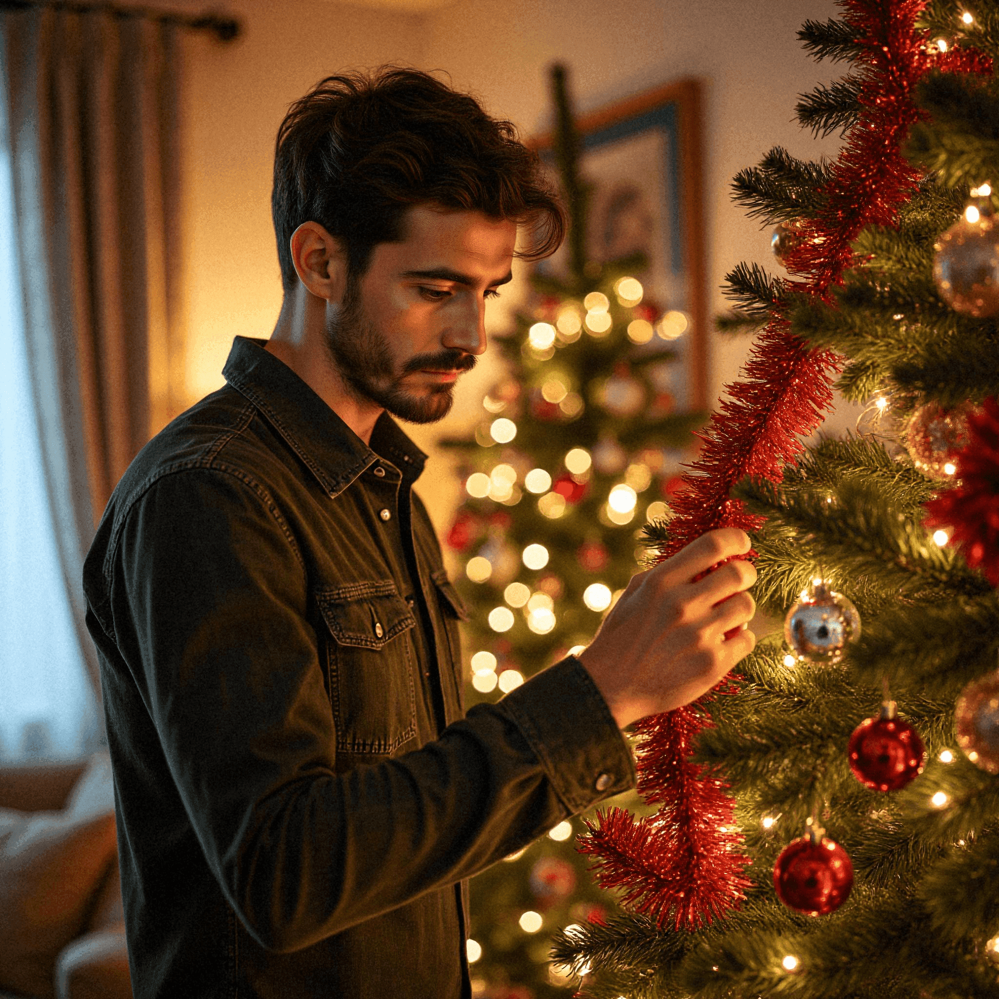 Man Decorating Christmas Tree with Tinsel
