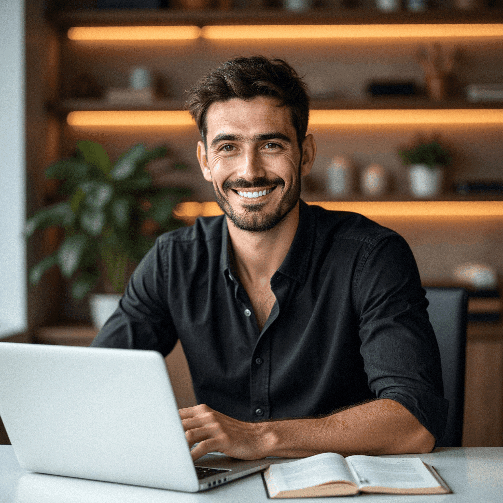Man in Office Wearing Dark Shirt