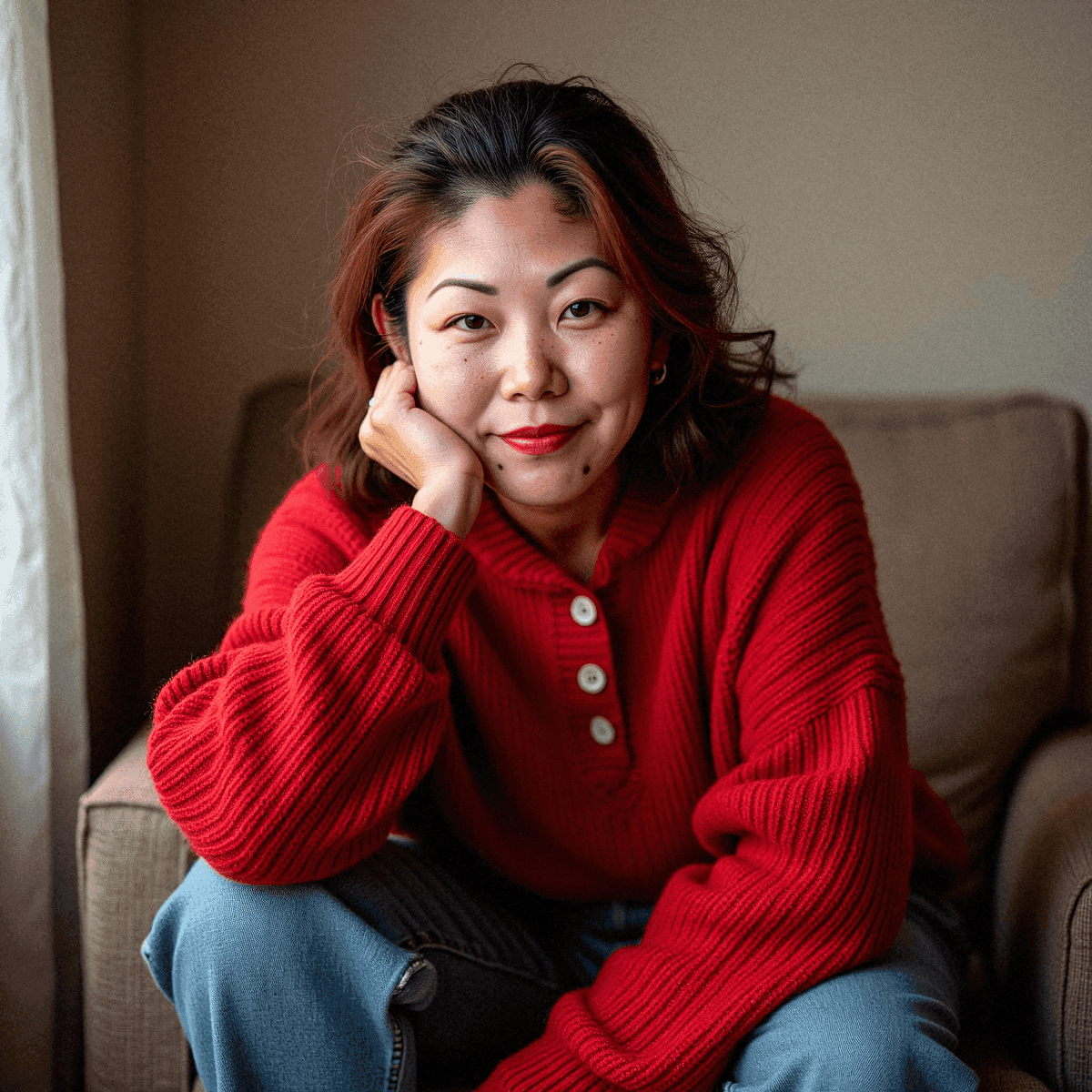 Woman in Red Sweater Looking Contemplative