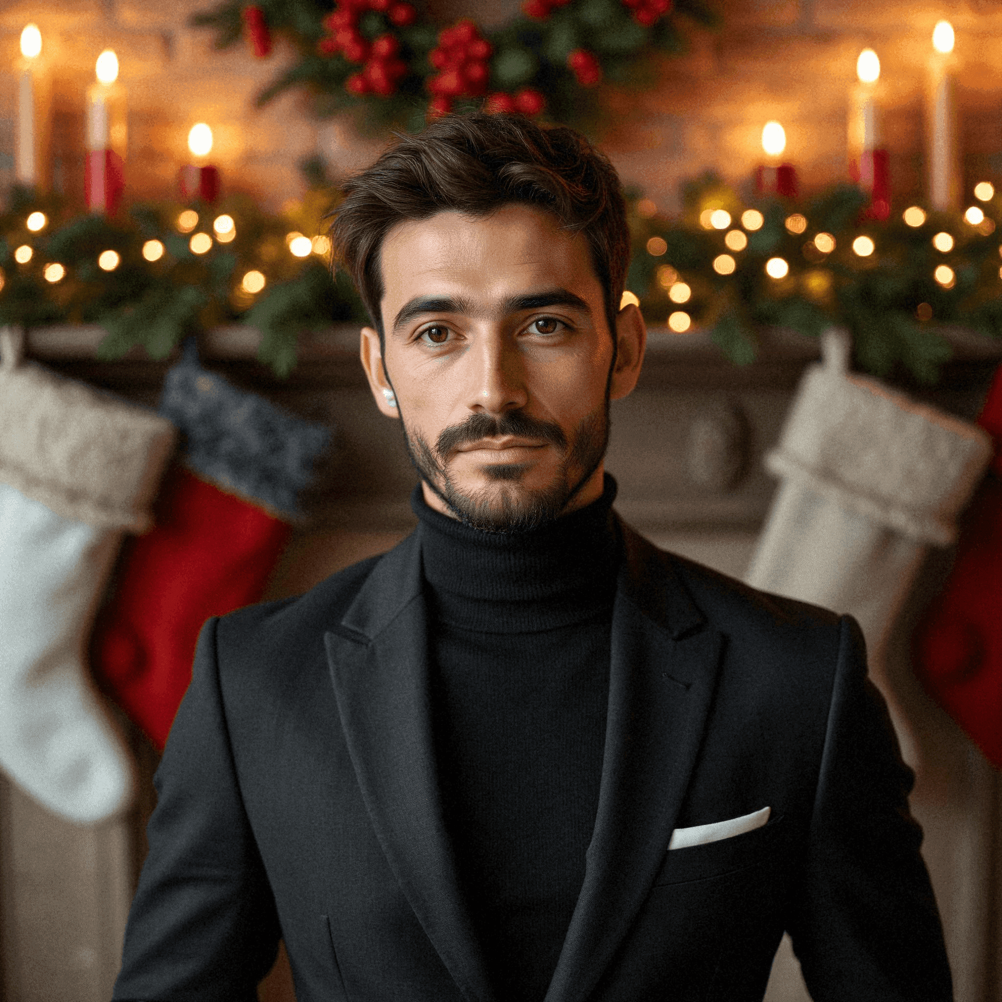 Man in Black Suit by Festive Fireplace