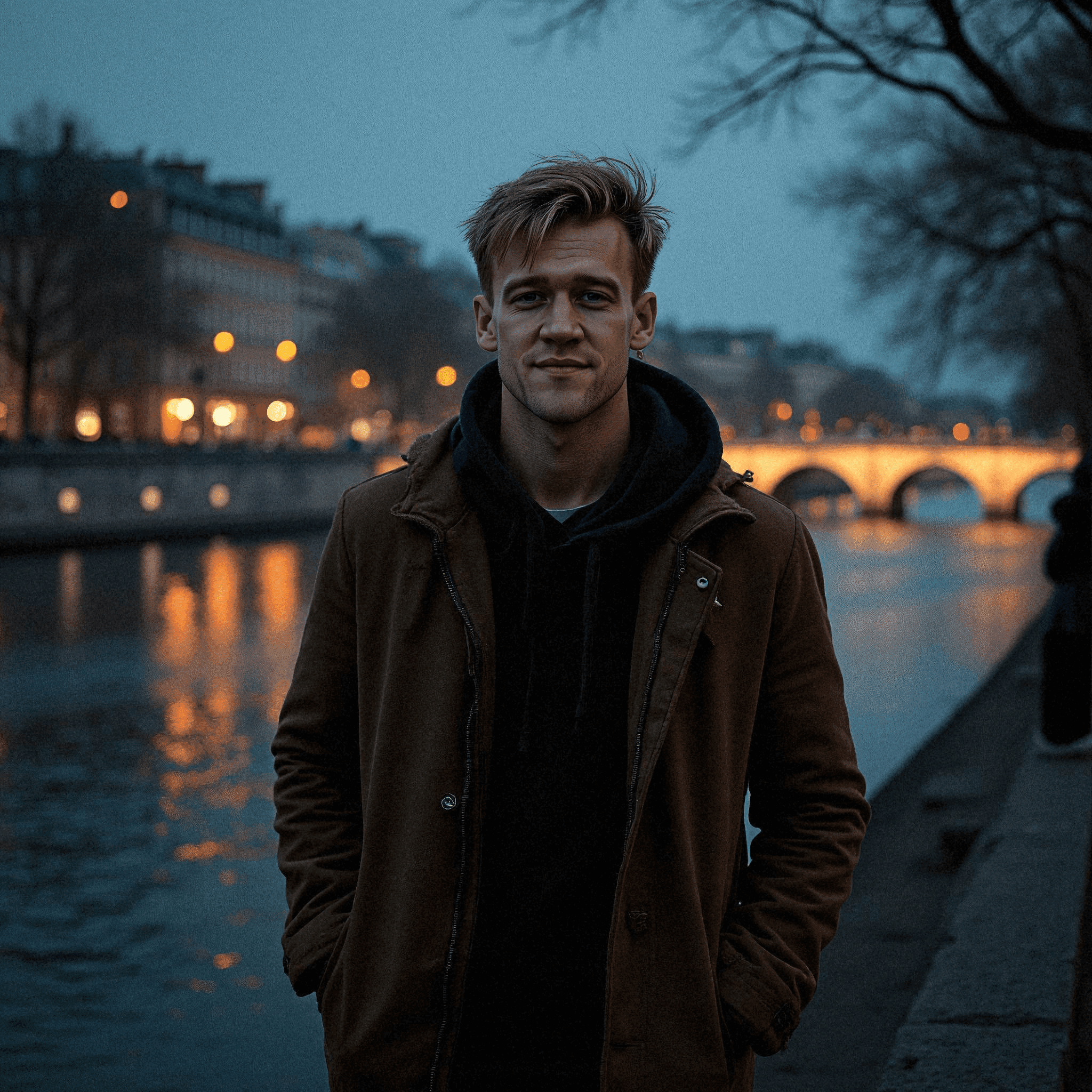 Man strolling along Seine at night