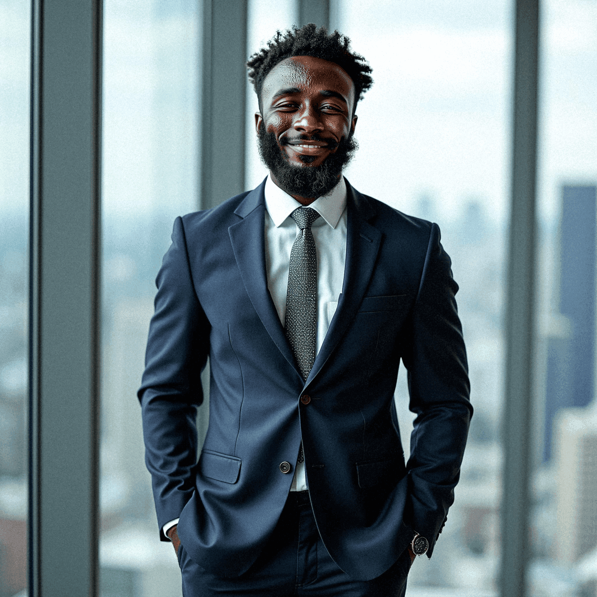 Smiling man in navy suit in office