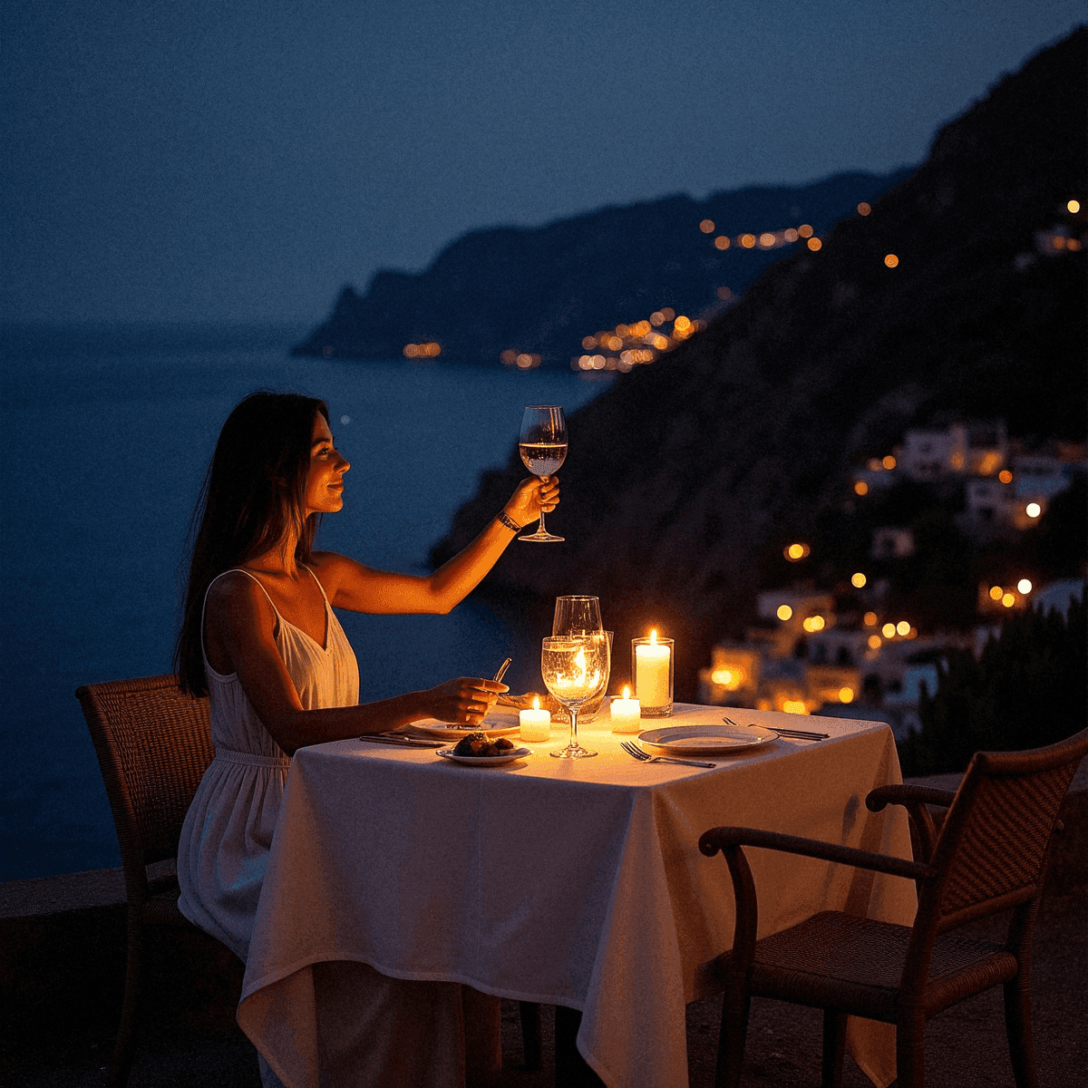 Woman toasting at candlelit cliffside dinner
