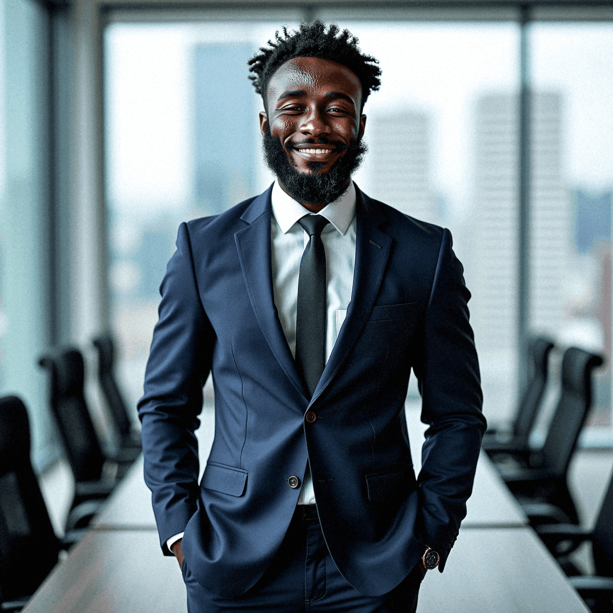 Smiling man in navy suit in boardroom