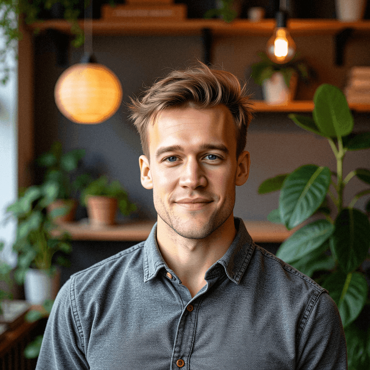Smiling man in casual startup environment