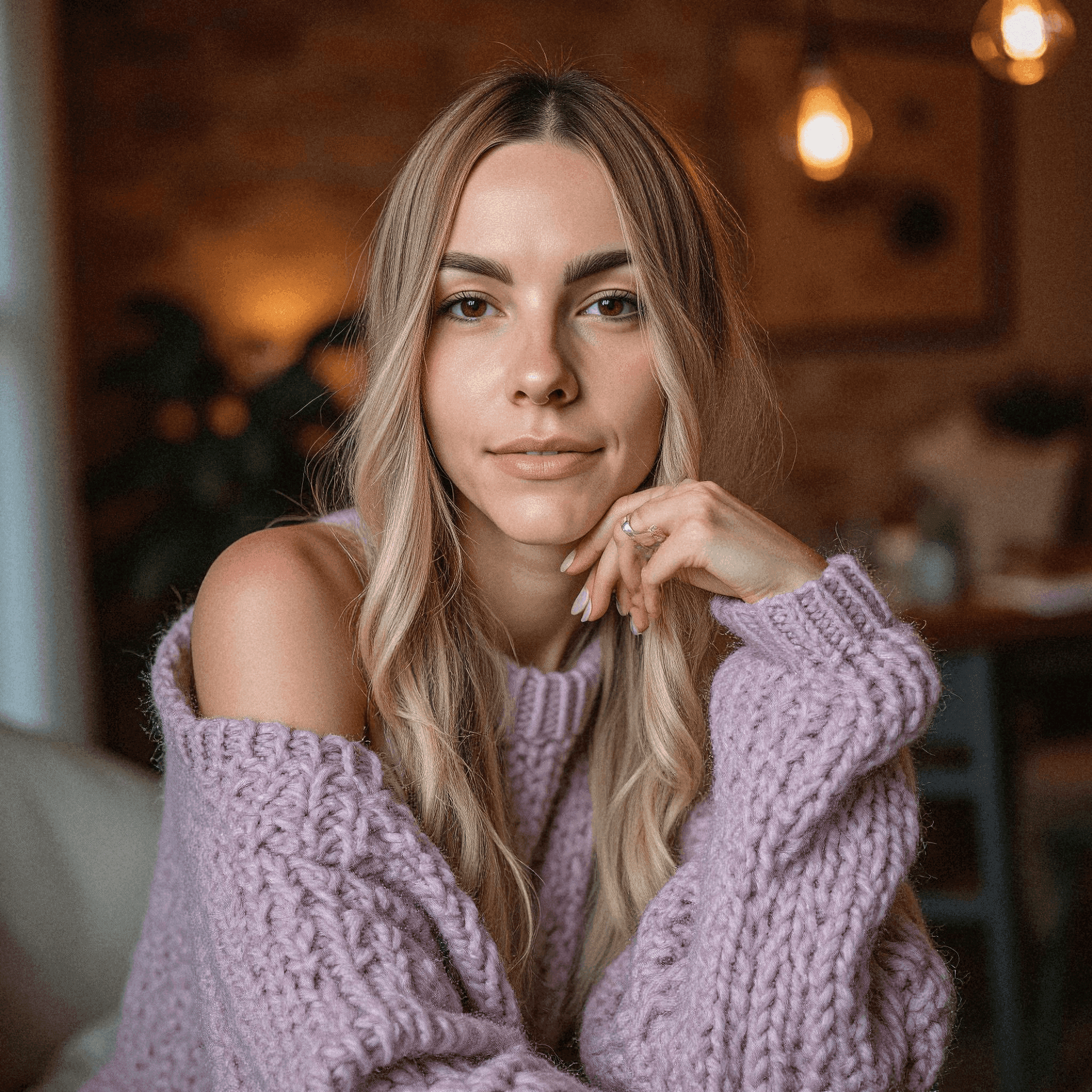 Woman in Cozy Lavender Knit Sweater