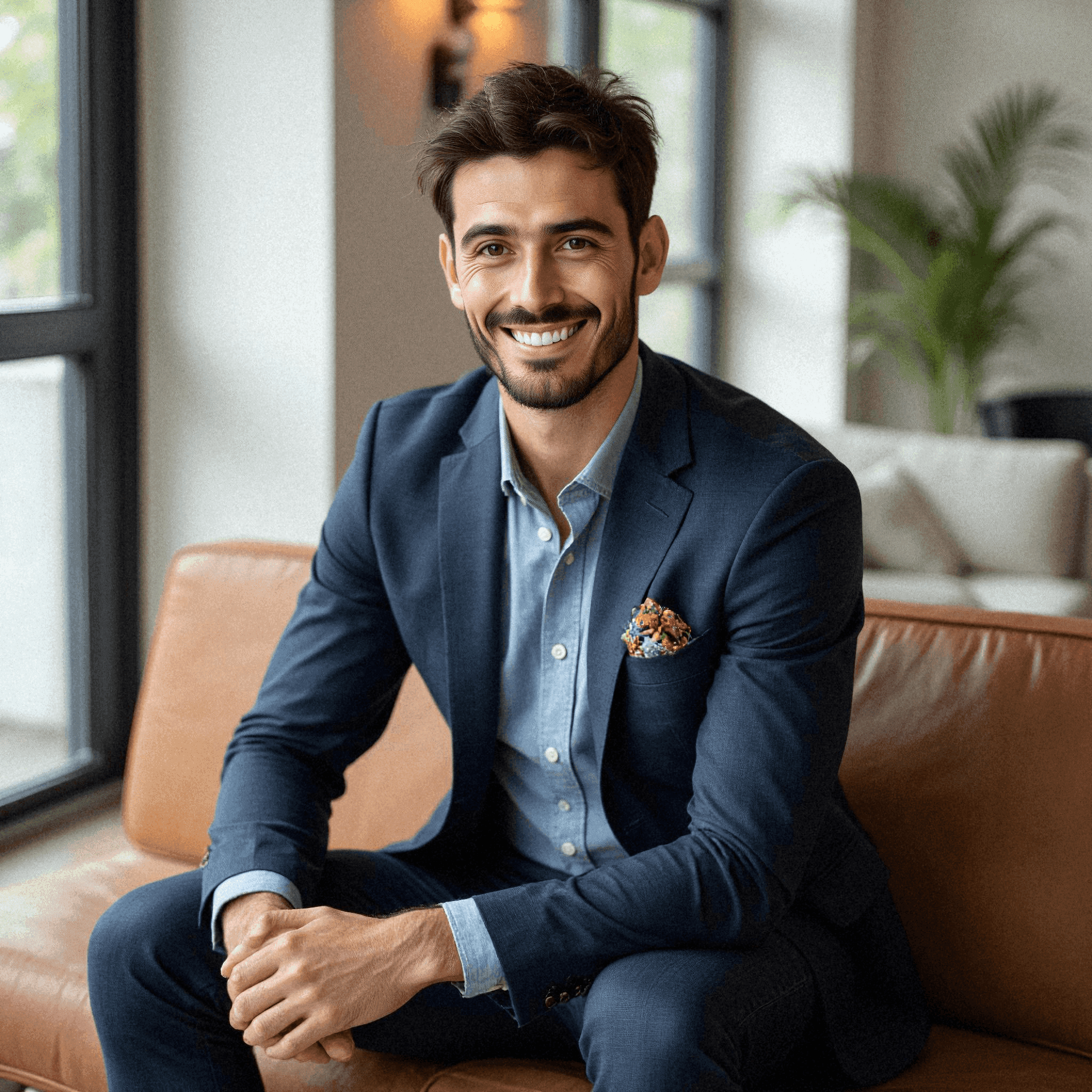 A man in navy suit with smile