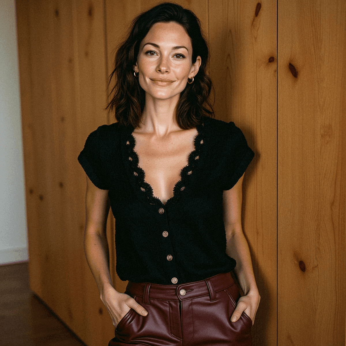 Woman in Lace Blouse Against Wood Wall