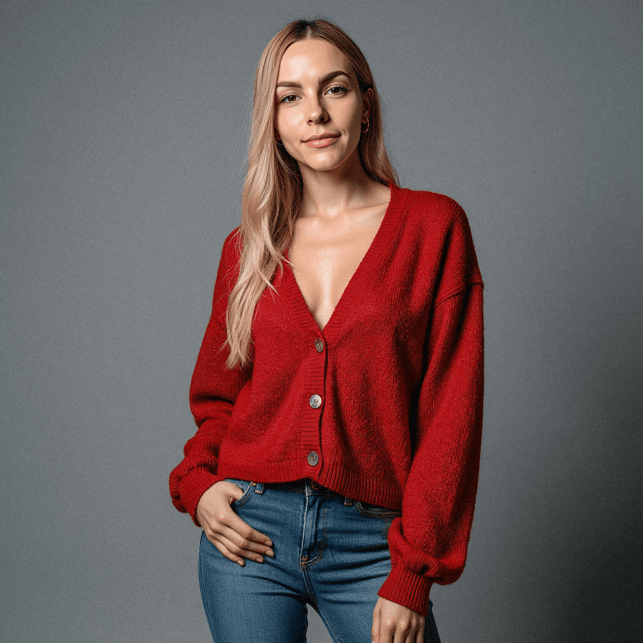Woman in Red Cardigan and Blue Jeans