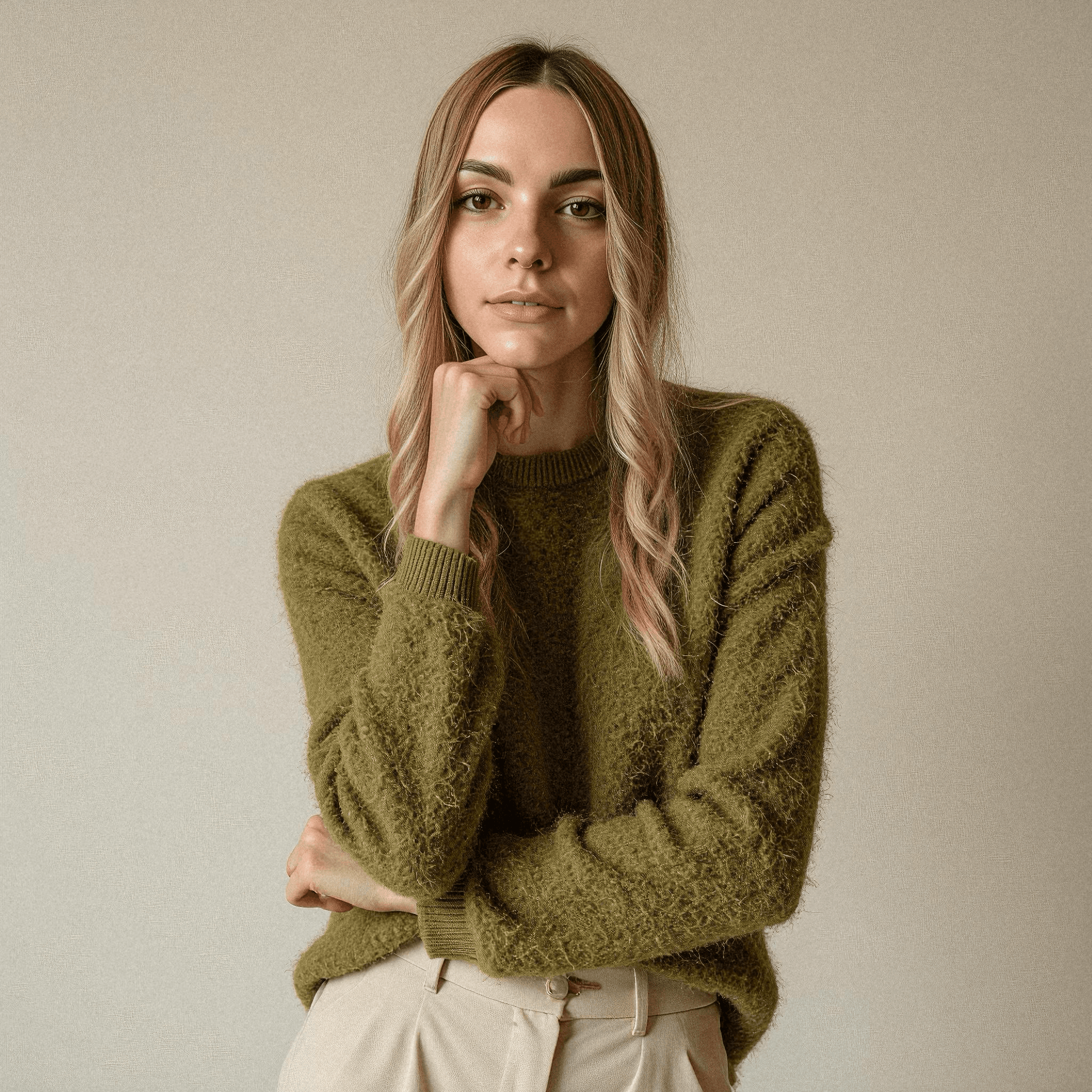 Woman in moss-green sweater posing stylishly