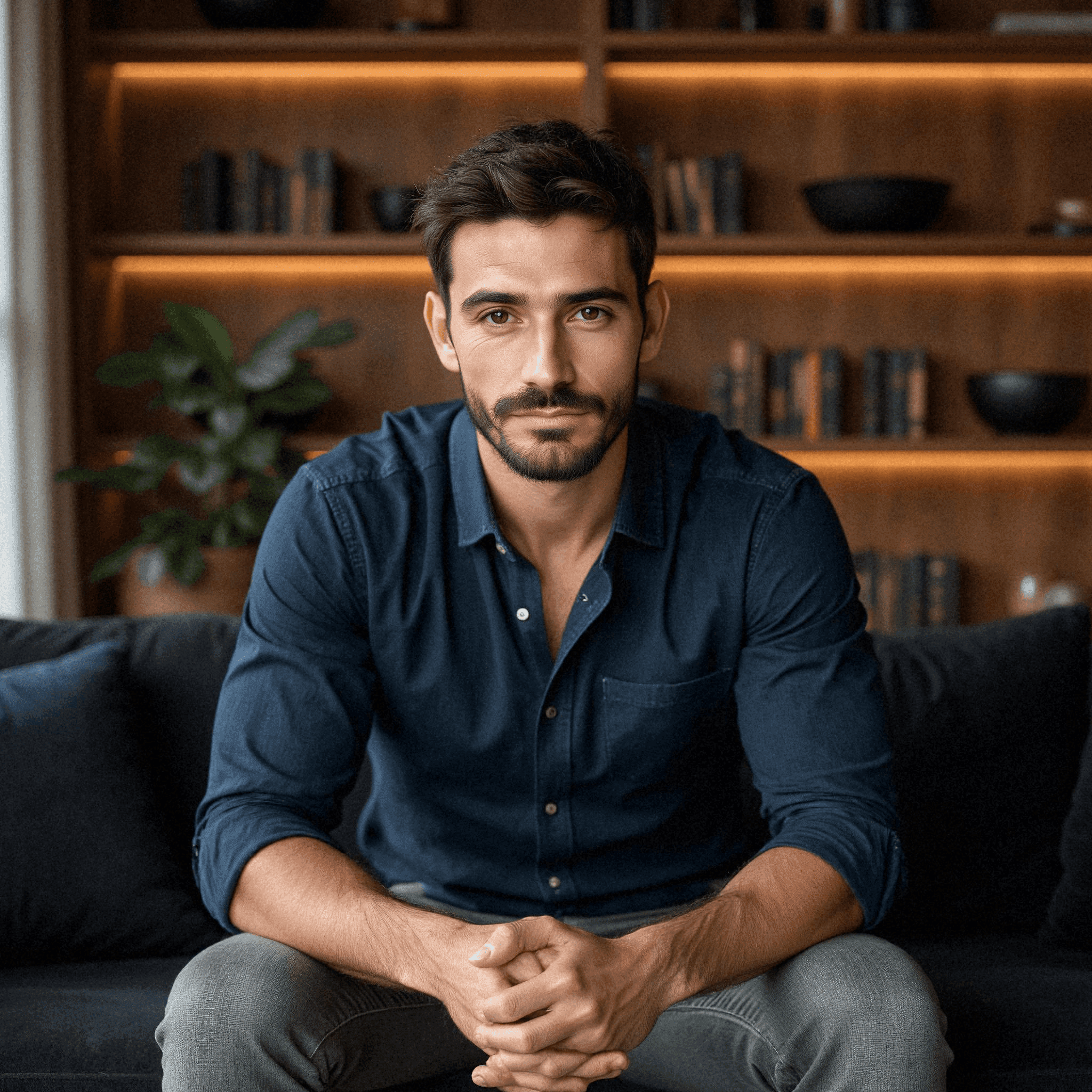 Man in Navy Shirt on Black Couch