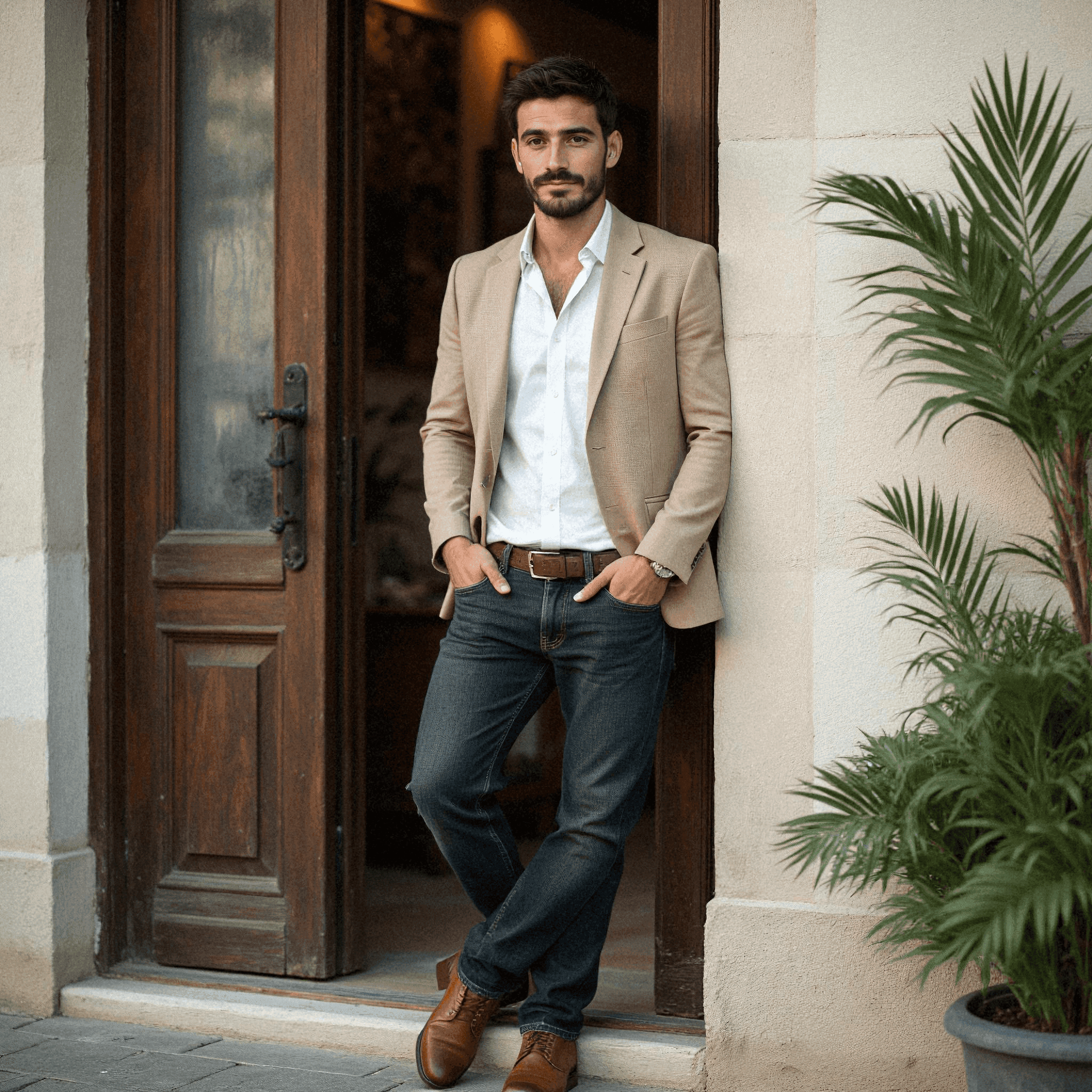 Man in Beige Blazer at Doorway