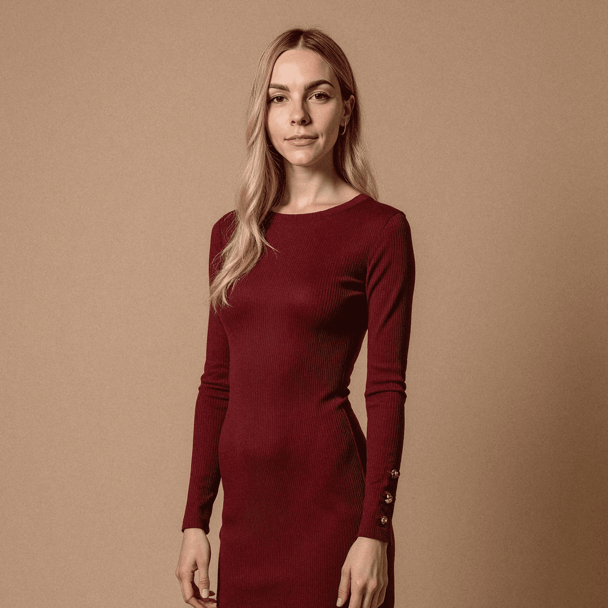 Woman in Wine-Red Ribbed Knit Dress