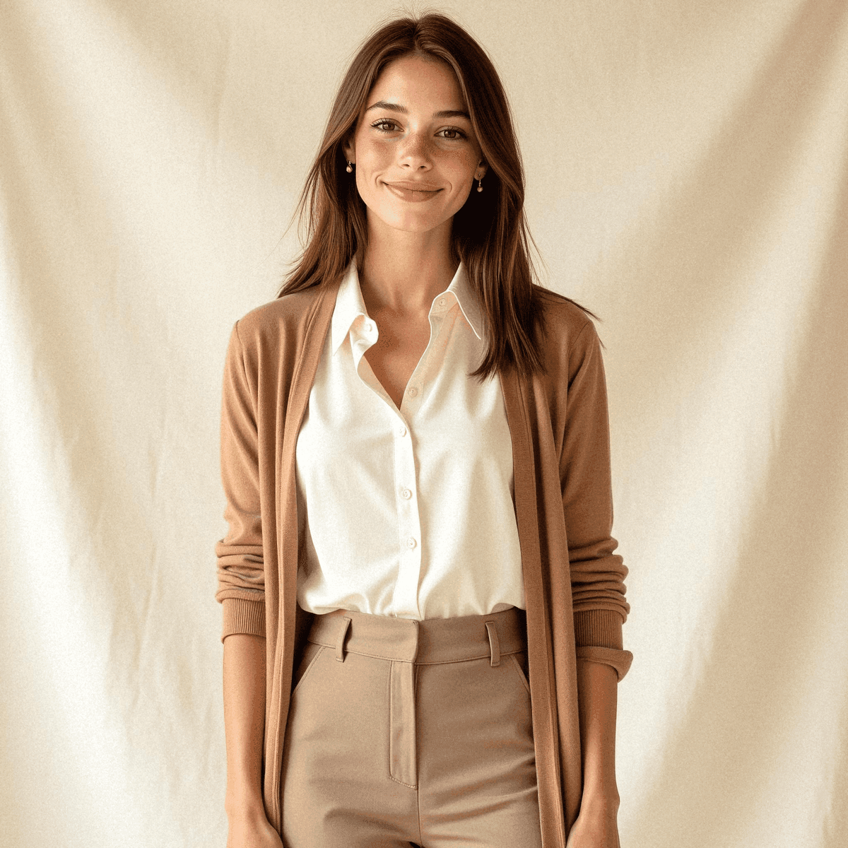 Calm woman in neutral-toned attire