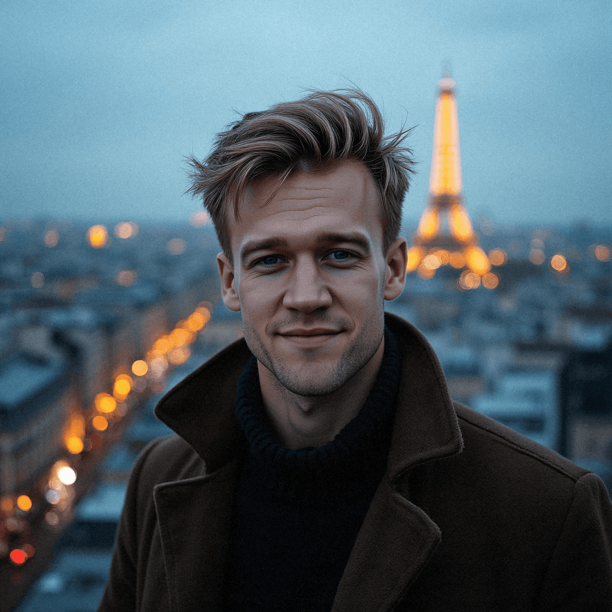 Man on Rooftop with Eiffel Tower View