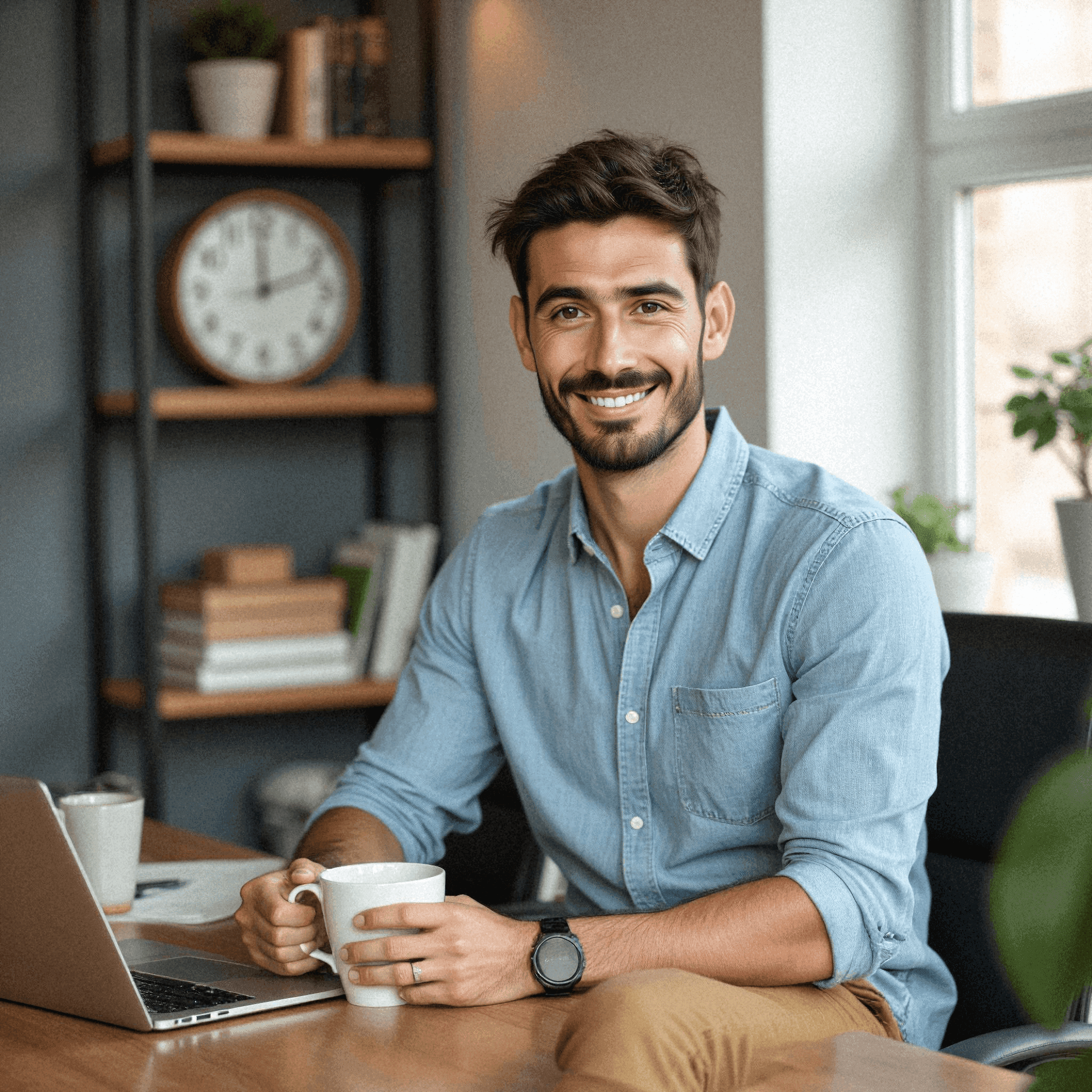 Man in Casual Office Setting with Coffee