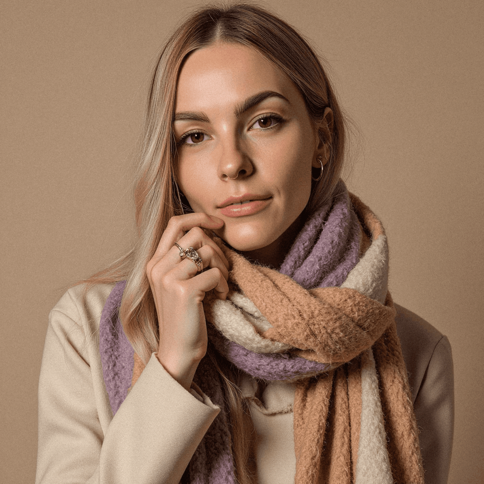 Woman in Violet and Camel Color Scarf
