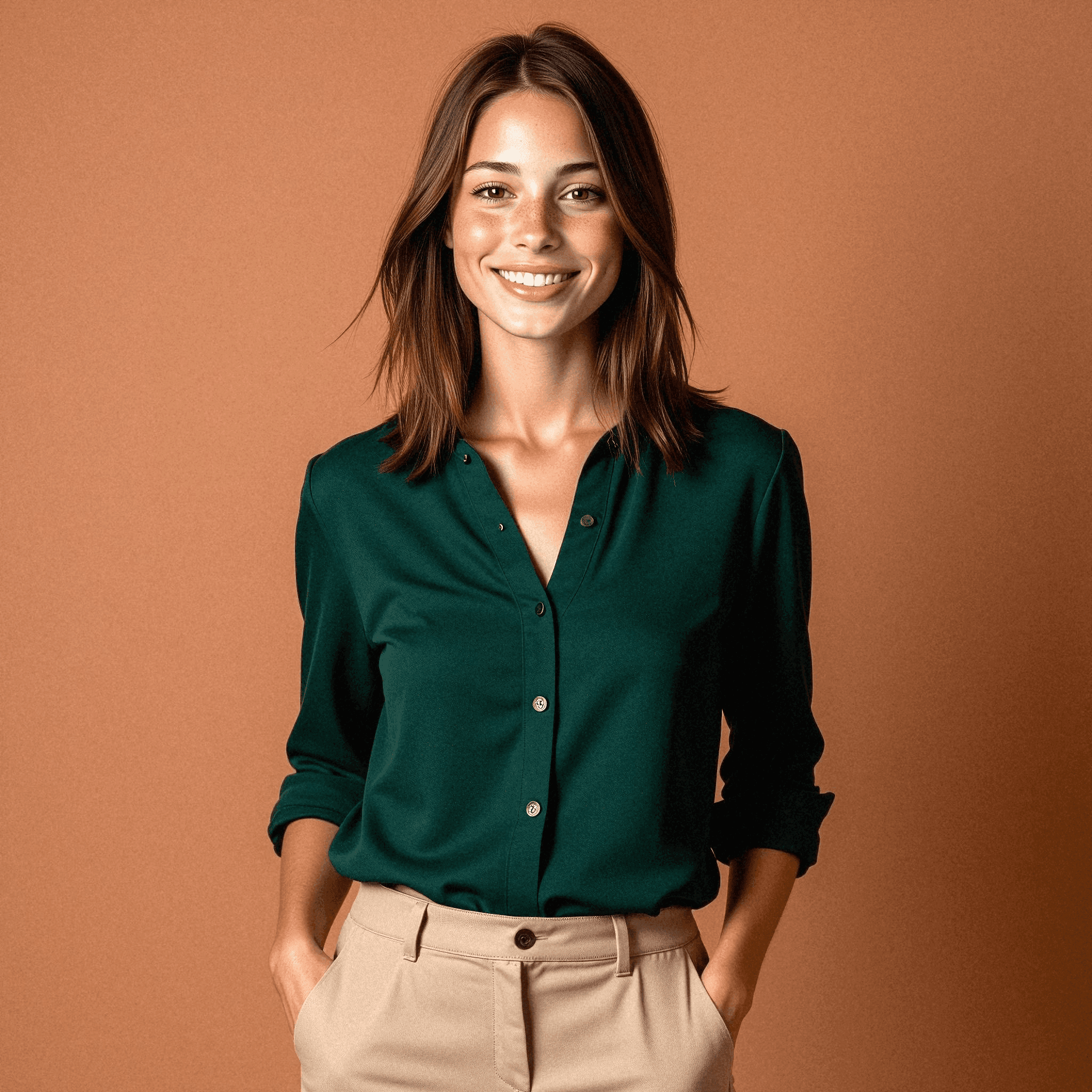 Woman in Green Top Against Terra Wall