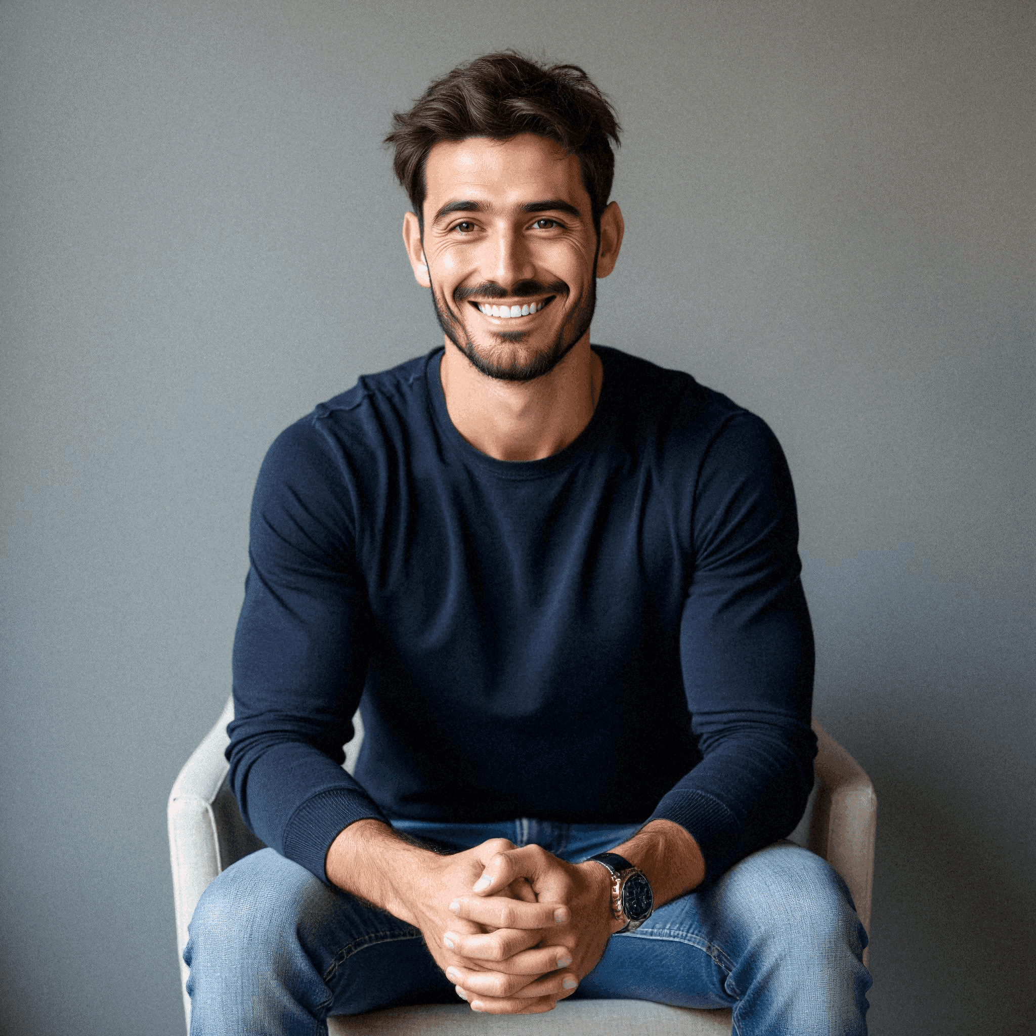 Modern man in navy sweater smiling