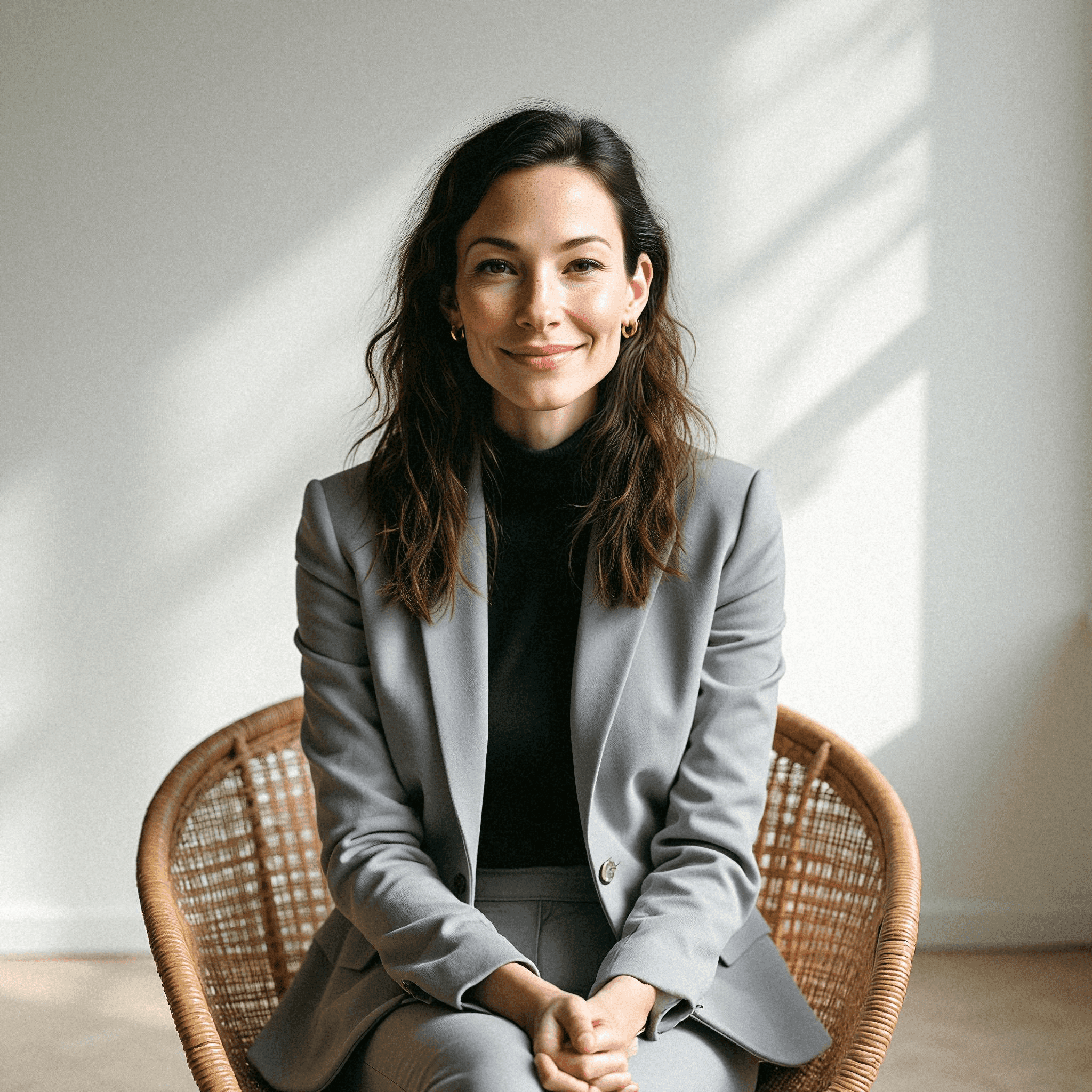 Woman in Grey Suit on Woven Chair