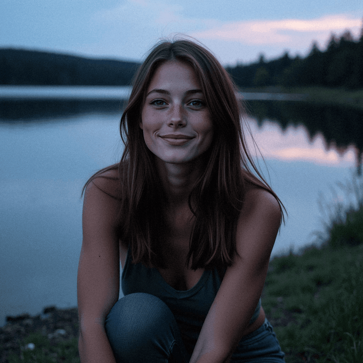 Woman Reflects Peacefully by a Lake at Dusk