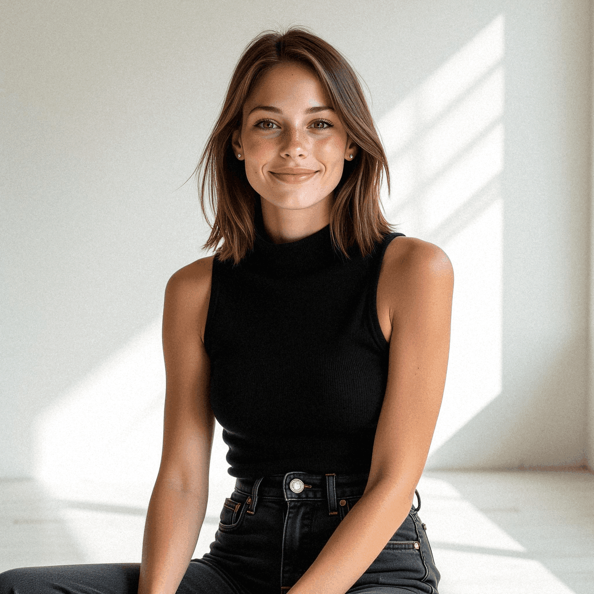 Woman in sleek black top, smiling peacefully