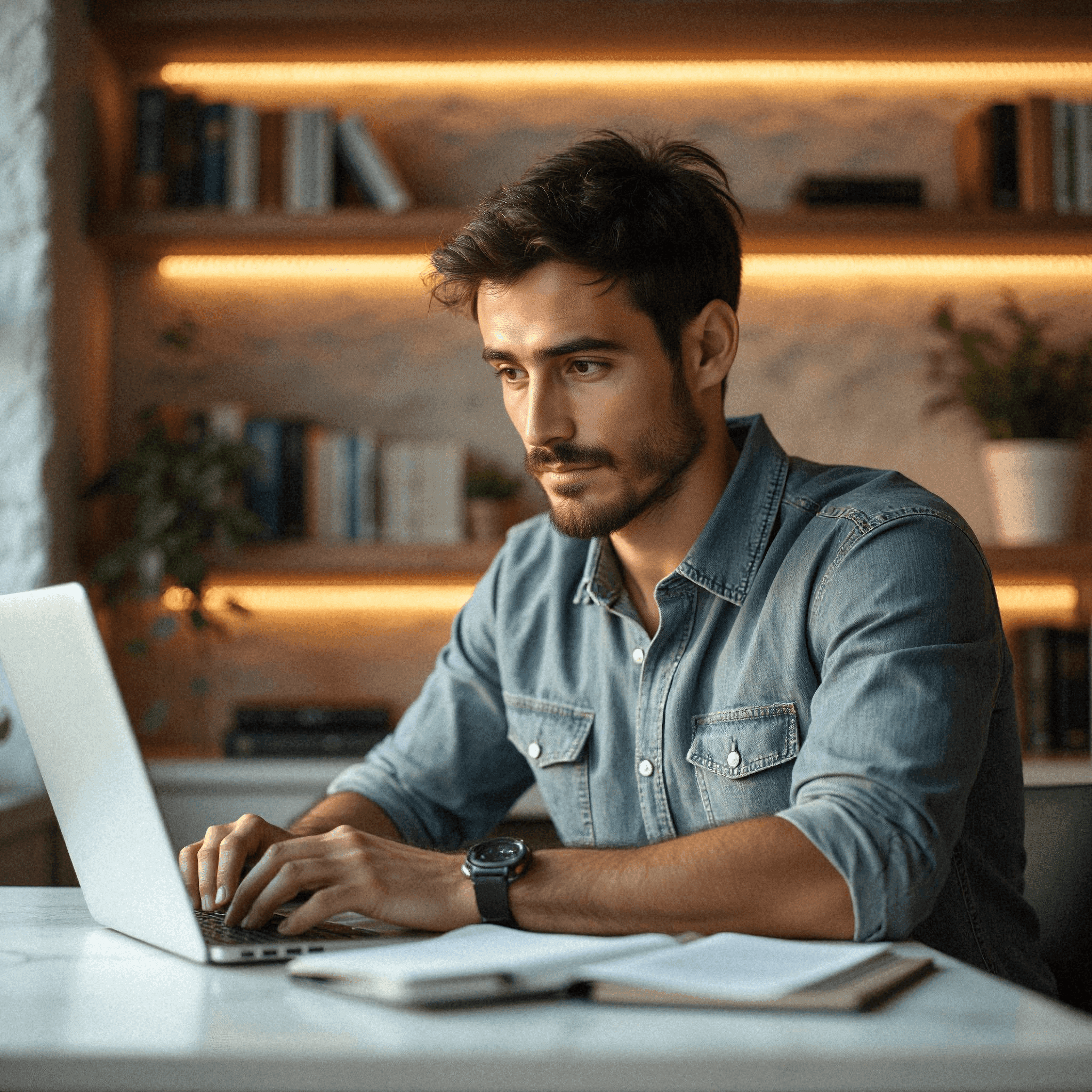 Man working at laptop in cozy office